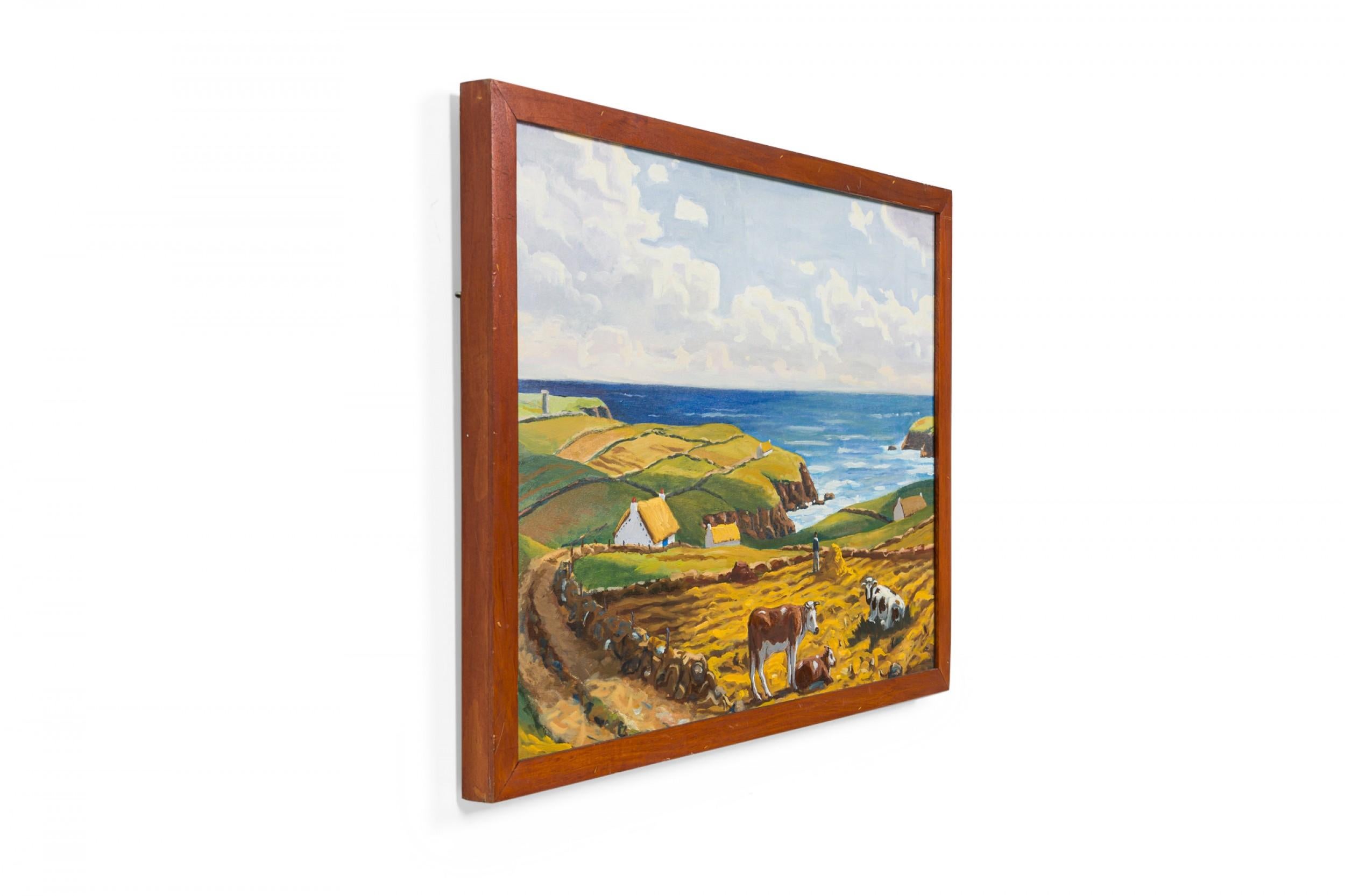 Copy of Impressionist landscape painting showing cows and farmer in stone wall fenced pasture