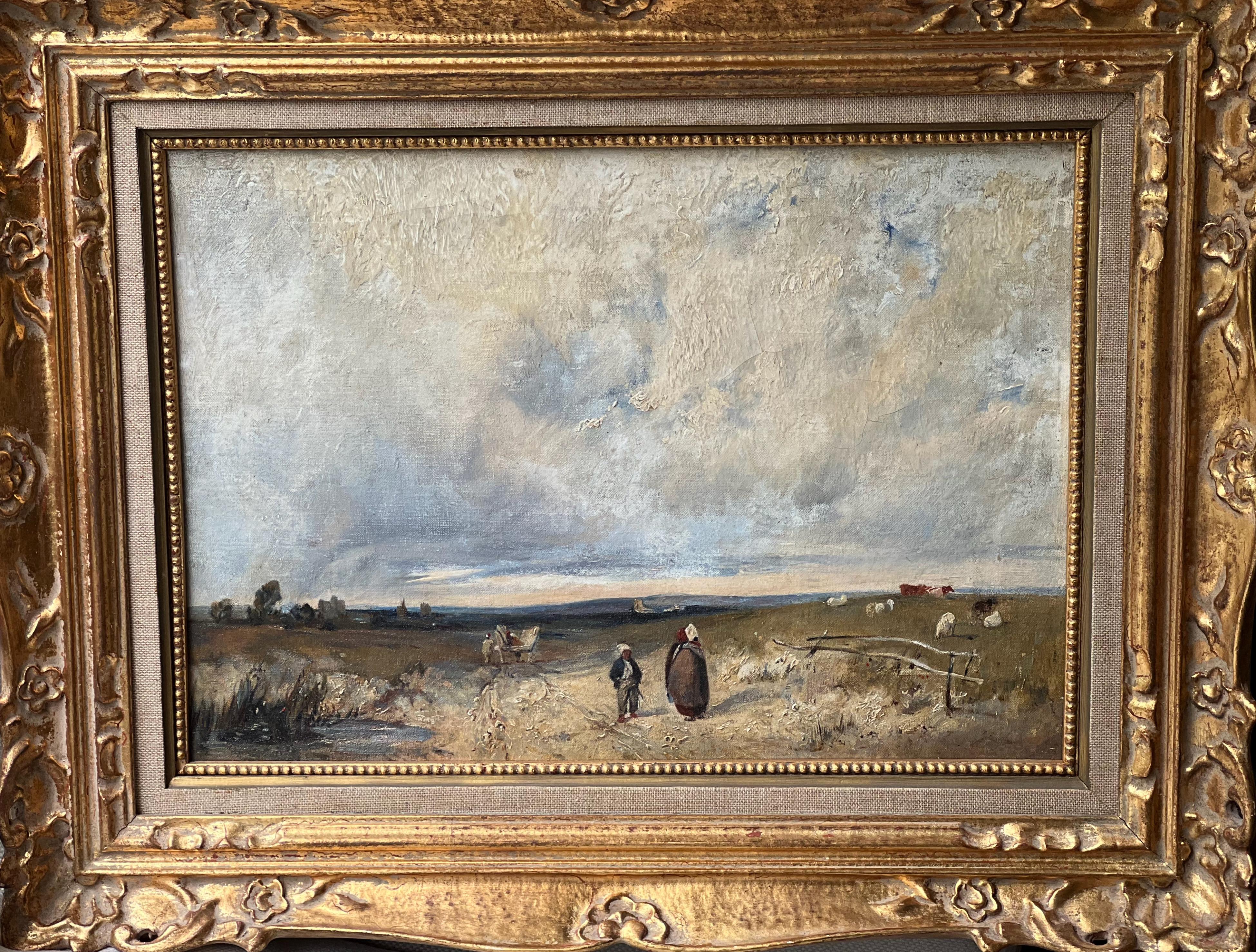 Dipinto a olio su tela attribuito a Eugene Boudin 1824 - 1898, un paesaggio con persone e animali.

Il dipinto non è firmato ma c'è una scritta sul retro ( Some in Normandy ) con la data 2/5/79 e un'altra ( Normandy Quest ) e una firma