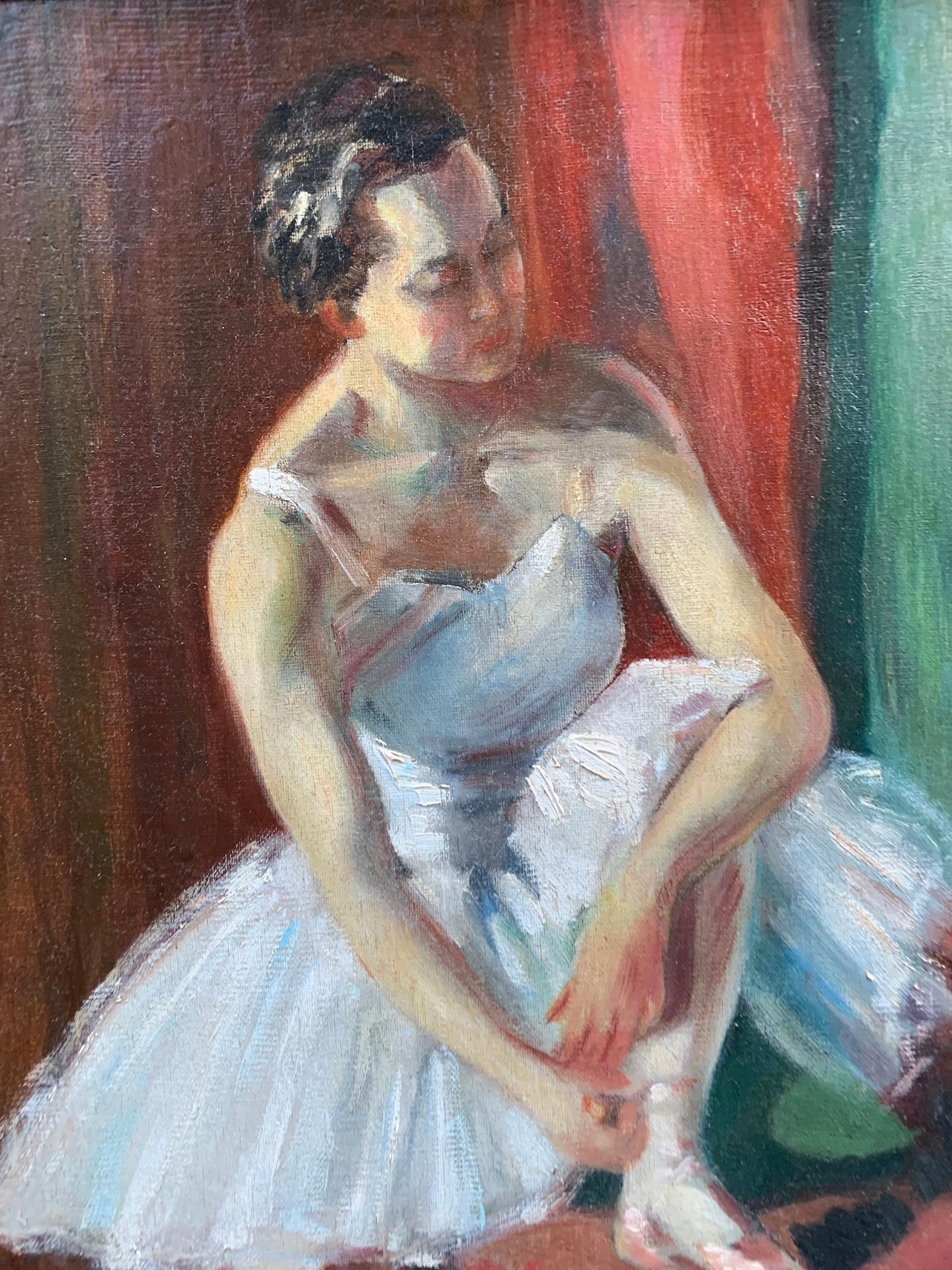 Early 20th century French oil, seated ballerina adjusting her ballet slipper. - Impressionist Painting by Impressionist French School