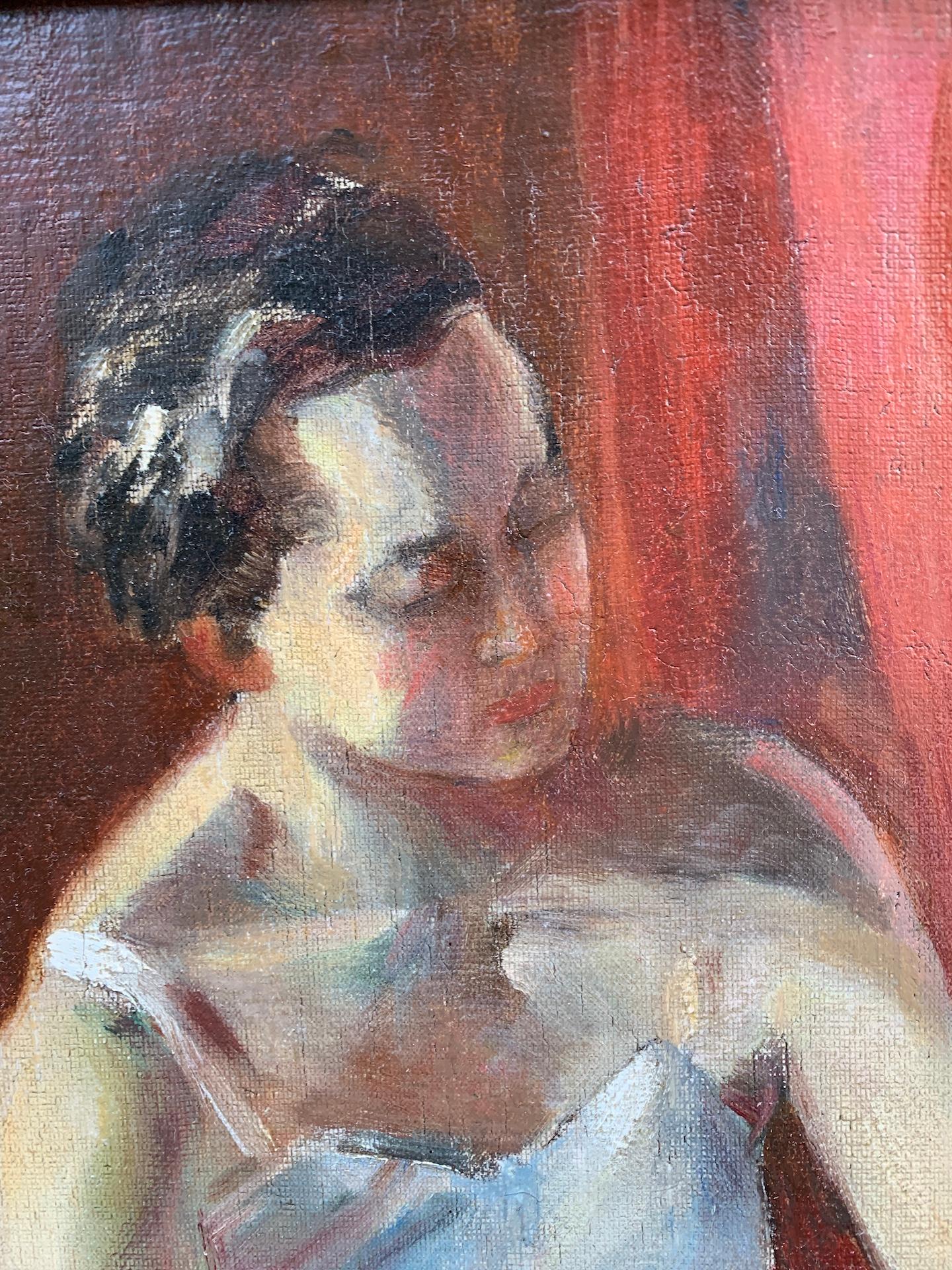 Early 20th century French oil, seated ballerina adjusting her ballet slipper. - Brown Figurative Painting by Impressionist French School