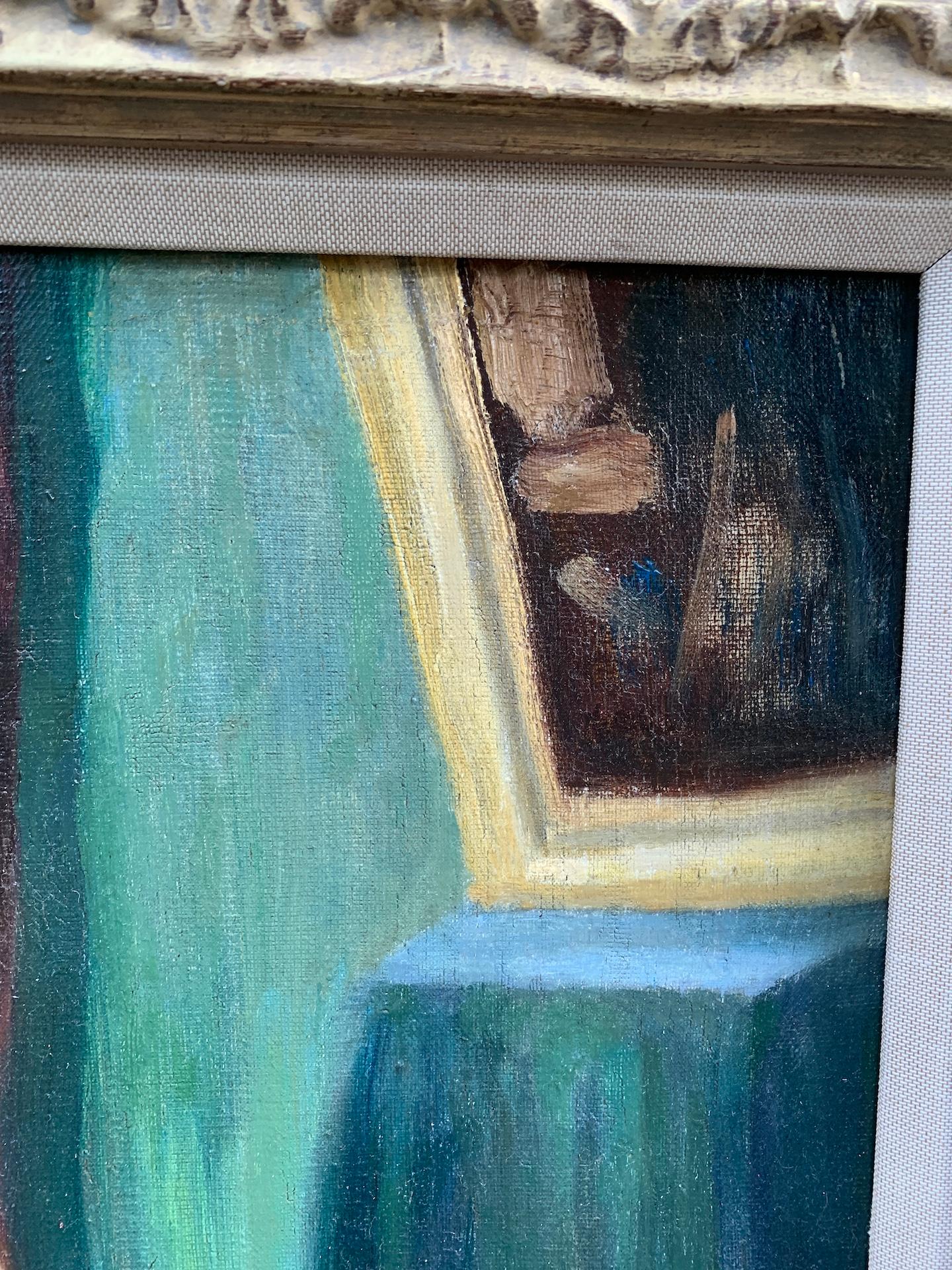 Olio francese dei primi del Novecento, ballerina seduta che si aggiusta la scarpetta da ballo. - Painting Impressionismo di Impressionist French School