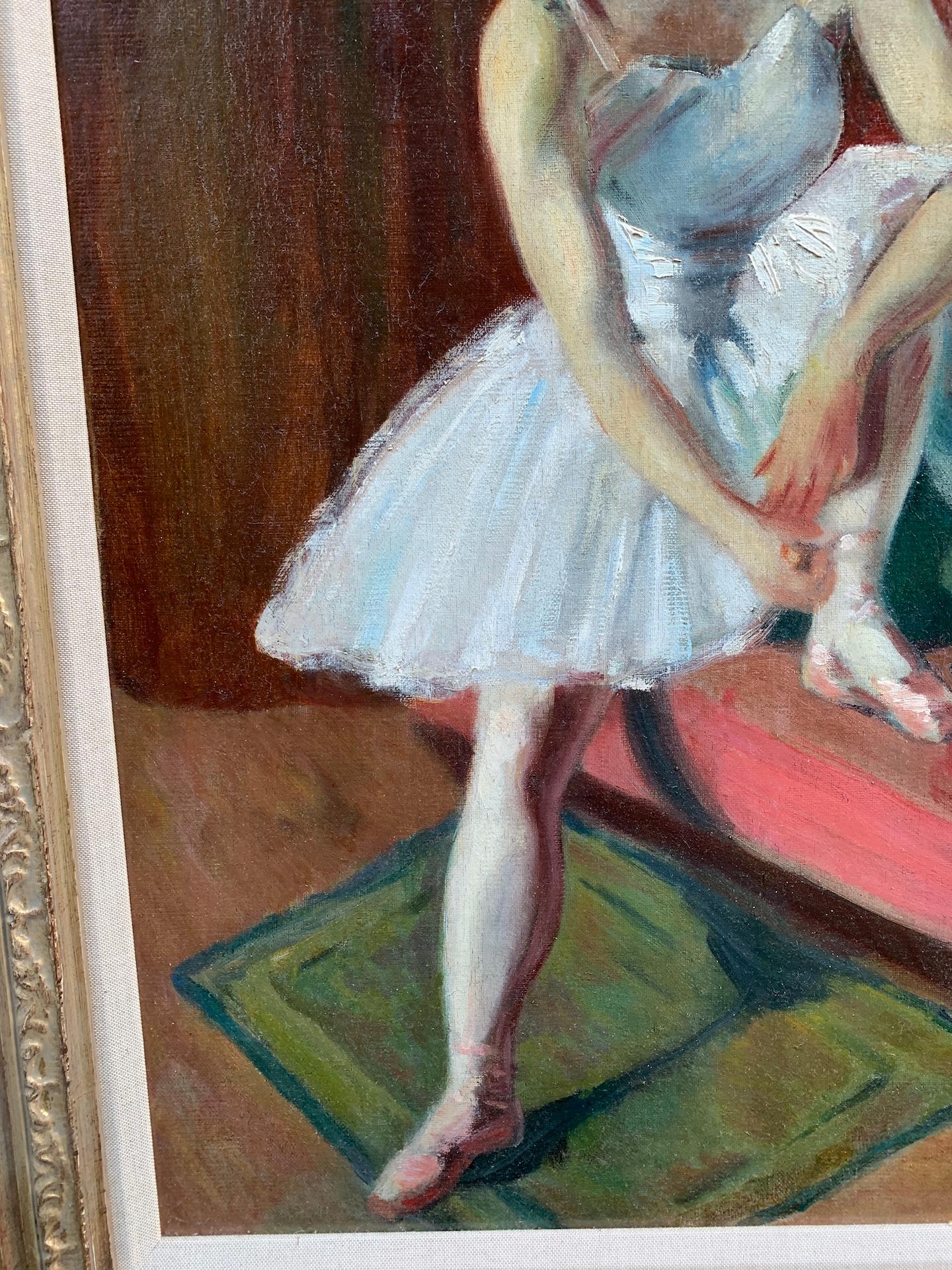 Early 20th century French oil, seated ballerina adjusting her ballet slipper. For Sale 4