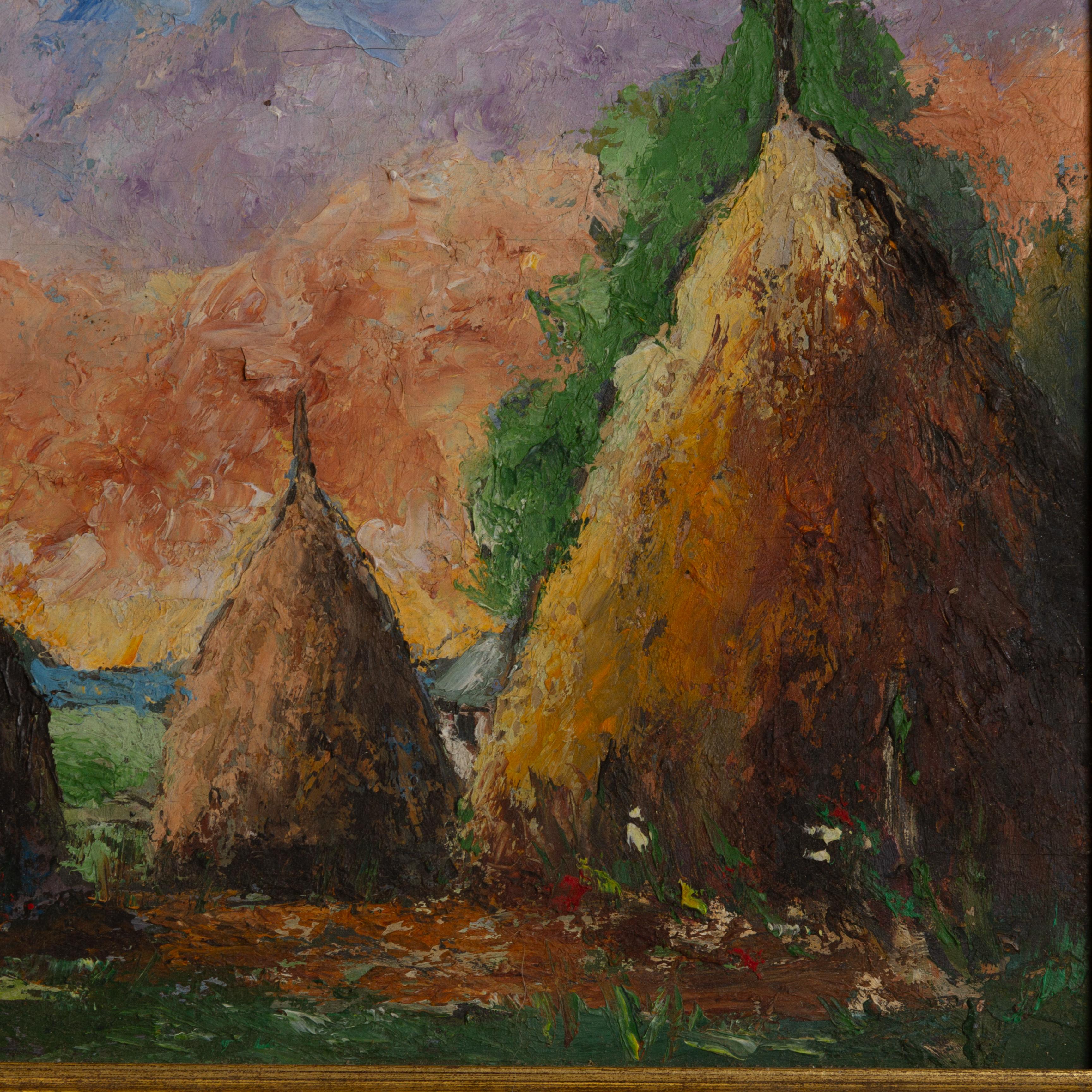 Impressionist Haystacks Landscape Belgian Oil Painting 19th Century In Good Condition For Sale In Nottingham, GB