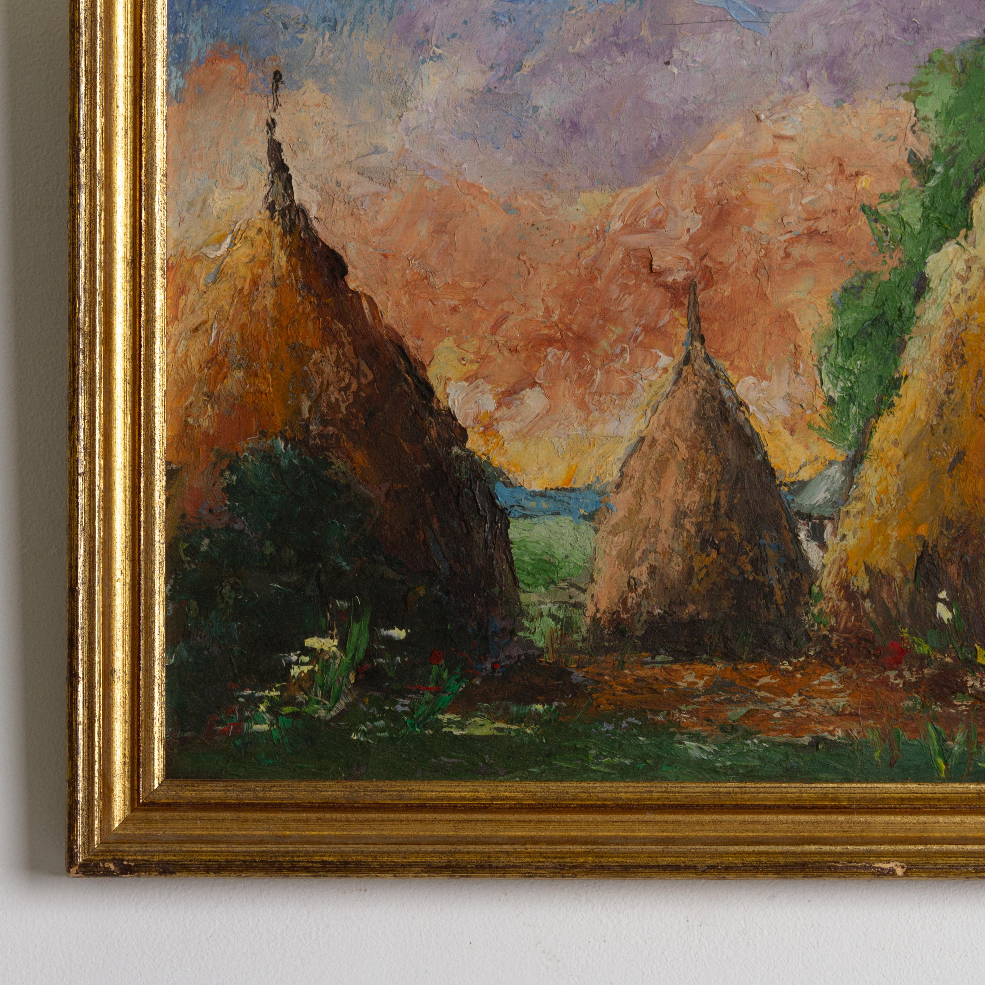 Wood Impressionist Haystacks Landscape Belgian Oil Painting 19th Century For Sale