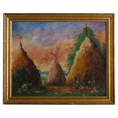 Antique Impressionist Haystacks Landscape Belgian Oil Painting 19th Century 