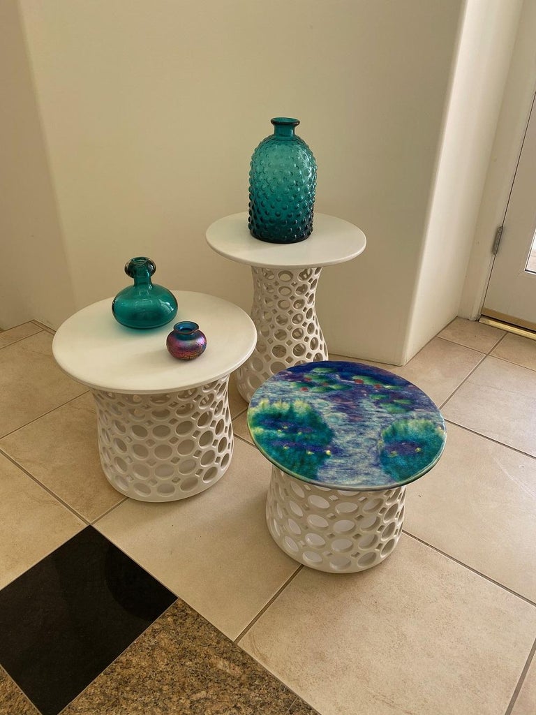 White Ceramic Pierced Side Table with Blue and Green Impressionist