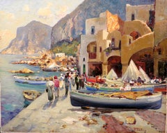 Vue impressionniste italienne d'un port ctier de Capri, Paolo Pratella (1892-1980) 
