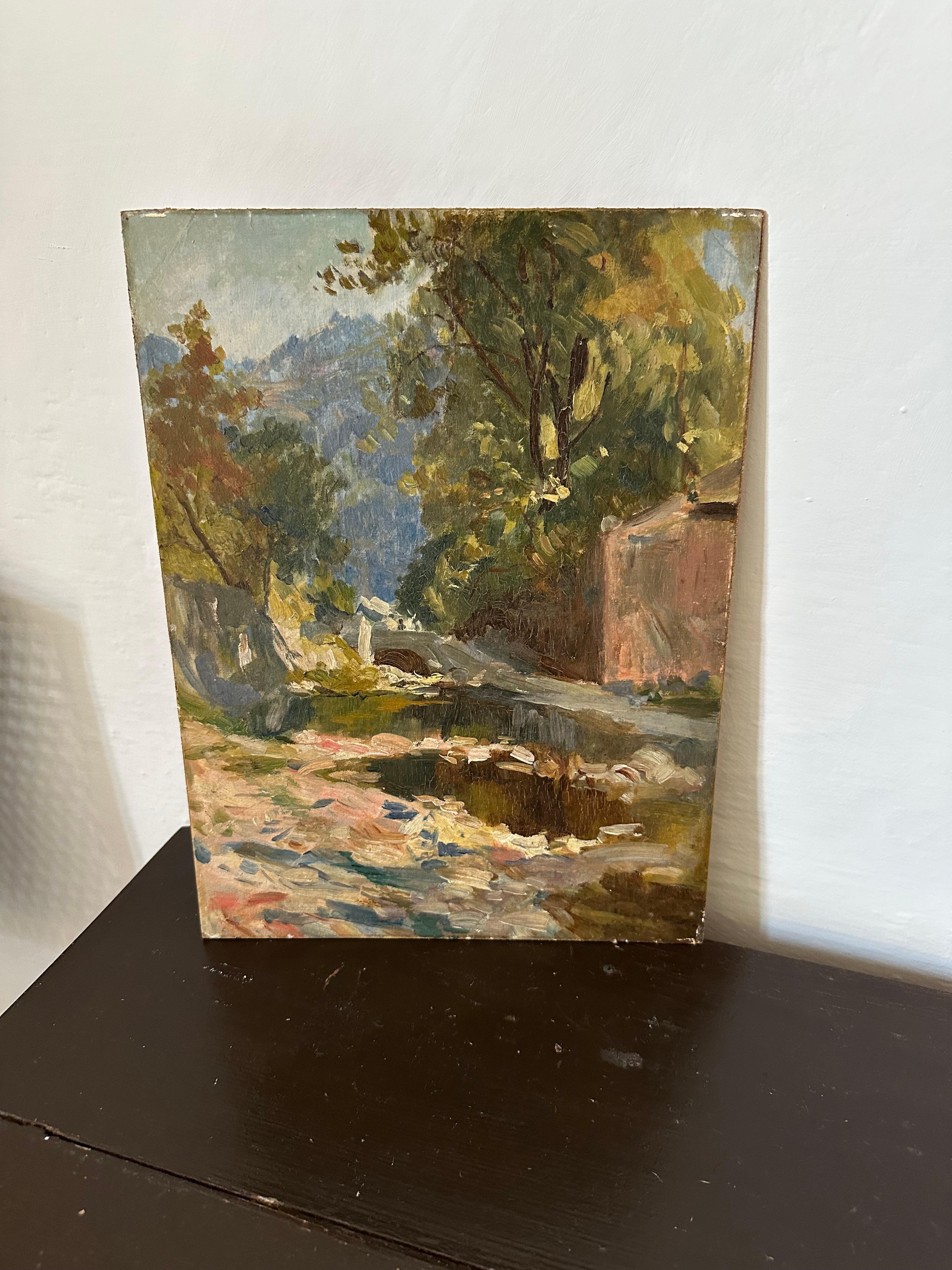 Dieses stimmungsvolle Ölgemälde auf Leinwand, das um 1900 entstand, fängt den Charme der italienischen Landschaft mit einem impressionistischen Touch ein. Die Leinwand wurde auf Künstlerpappe aufgezogen (eine Technik, die als Verdoppelung bekannt