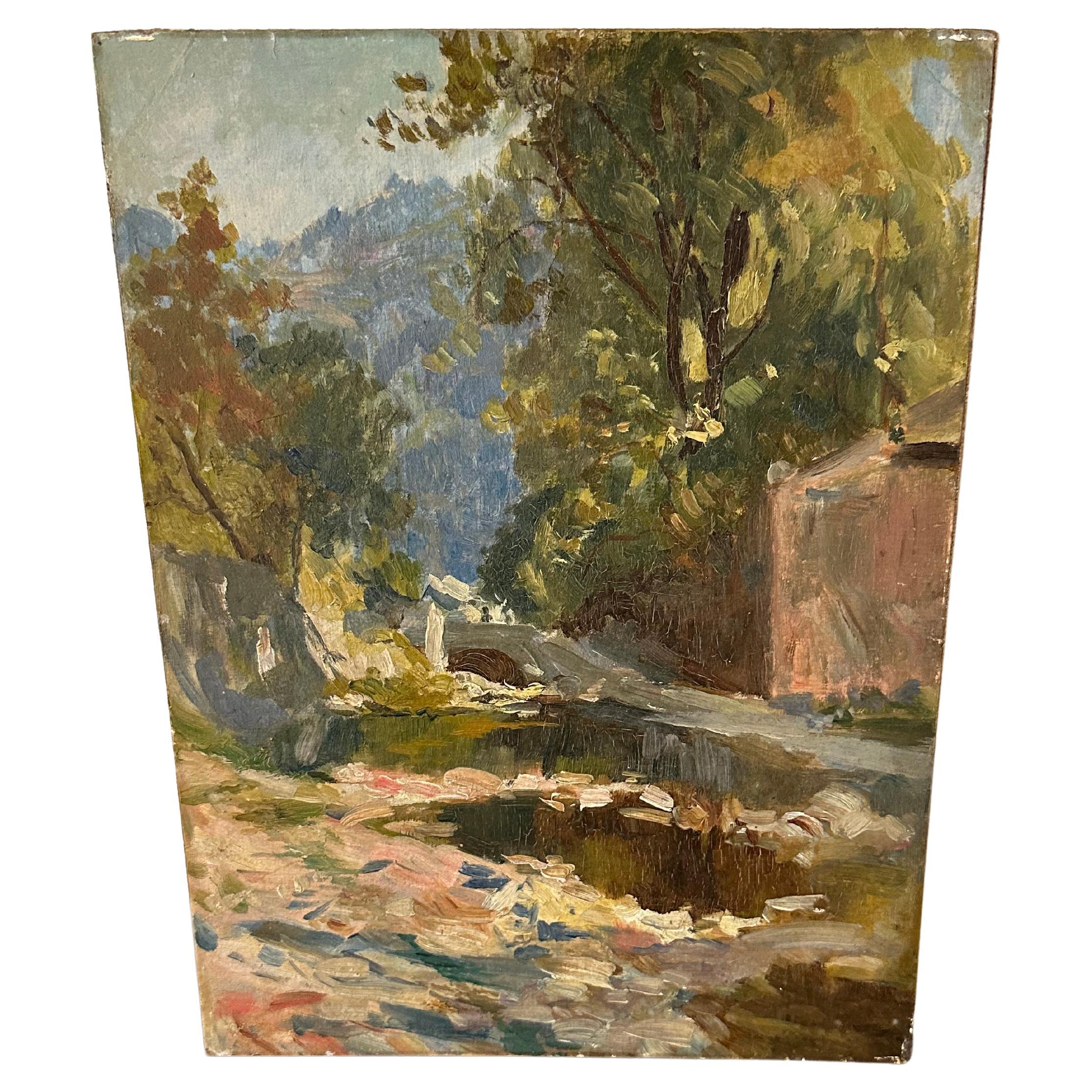 Paesaggio italiano impressionista dipinto a olio, circa 1900 in vendita