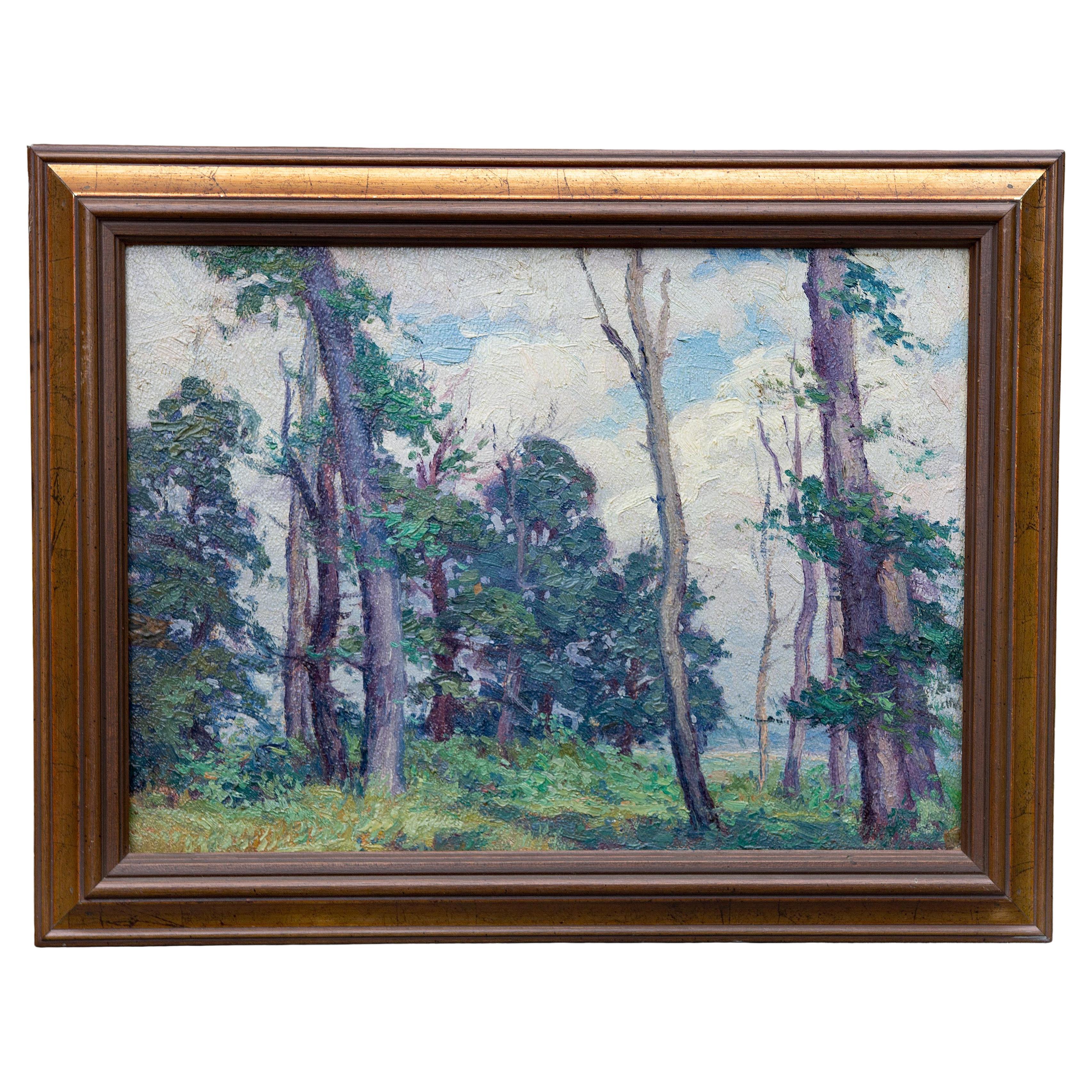 Impressionist landscape by George Renouard. Beautiful blues and mauves. Oil on academy board. Unsigned. 

George Renouard, was born in Rochester, New York and lived much of his life in Brooklyn and Manhattan, was a graphic artist, painter and art