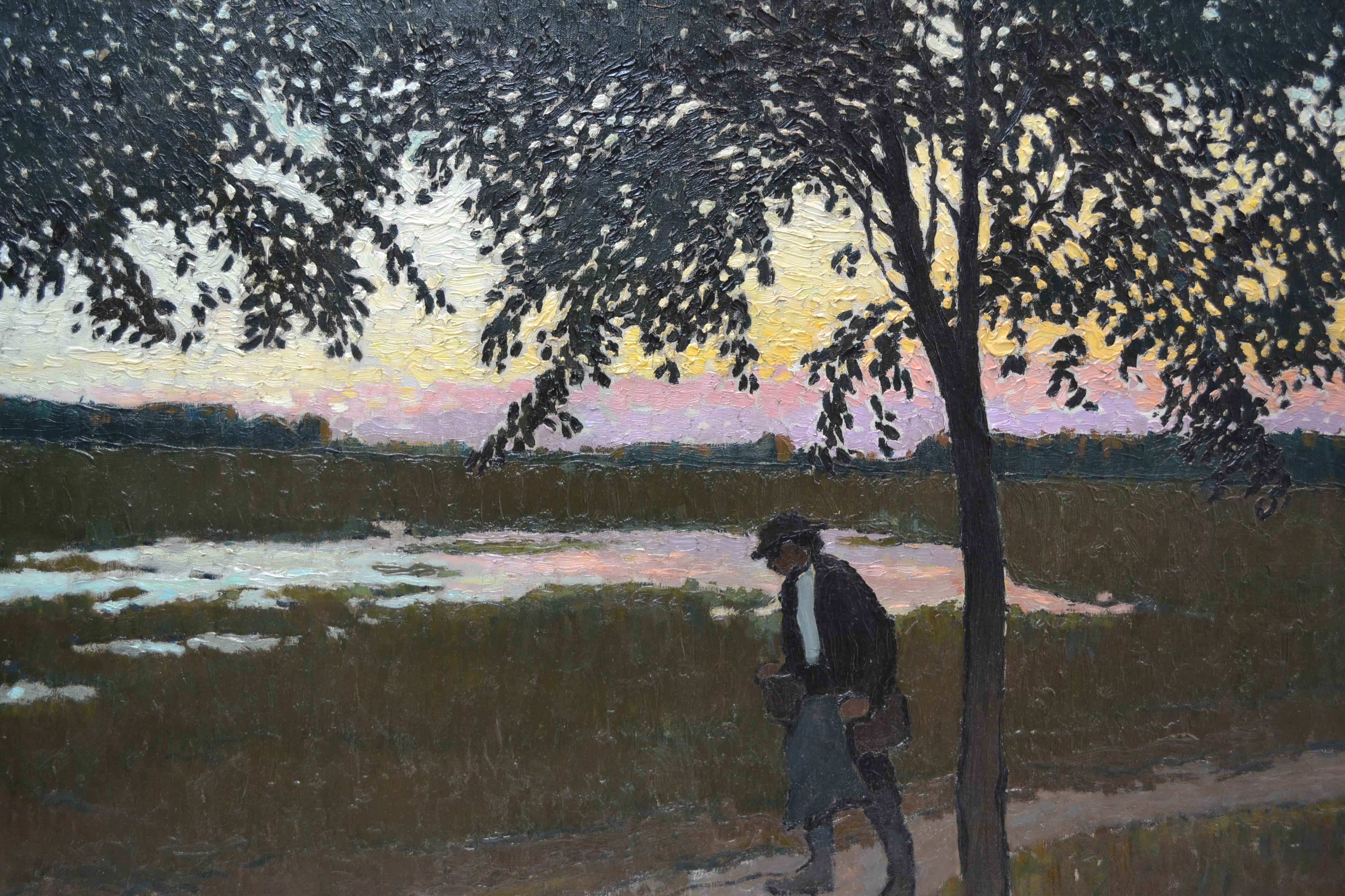 A signed oil painting on canvas of a man walking on a path beside a stream at dawn/dusk by Hungarian artist Barkasz Lajos (1880-1960). The canvas is set in a hand carved period wood frame.

BARKÁSZ, LAJOS 1884 - 1960n studied at the Pattern Drawing