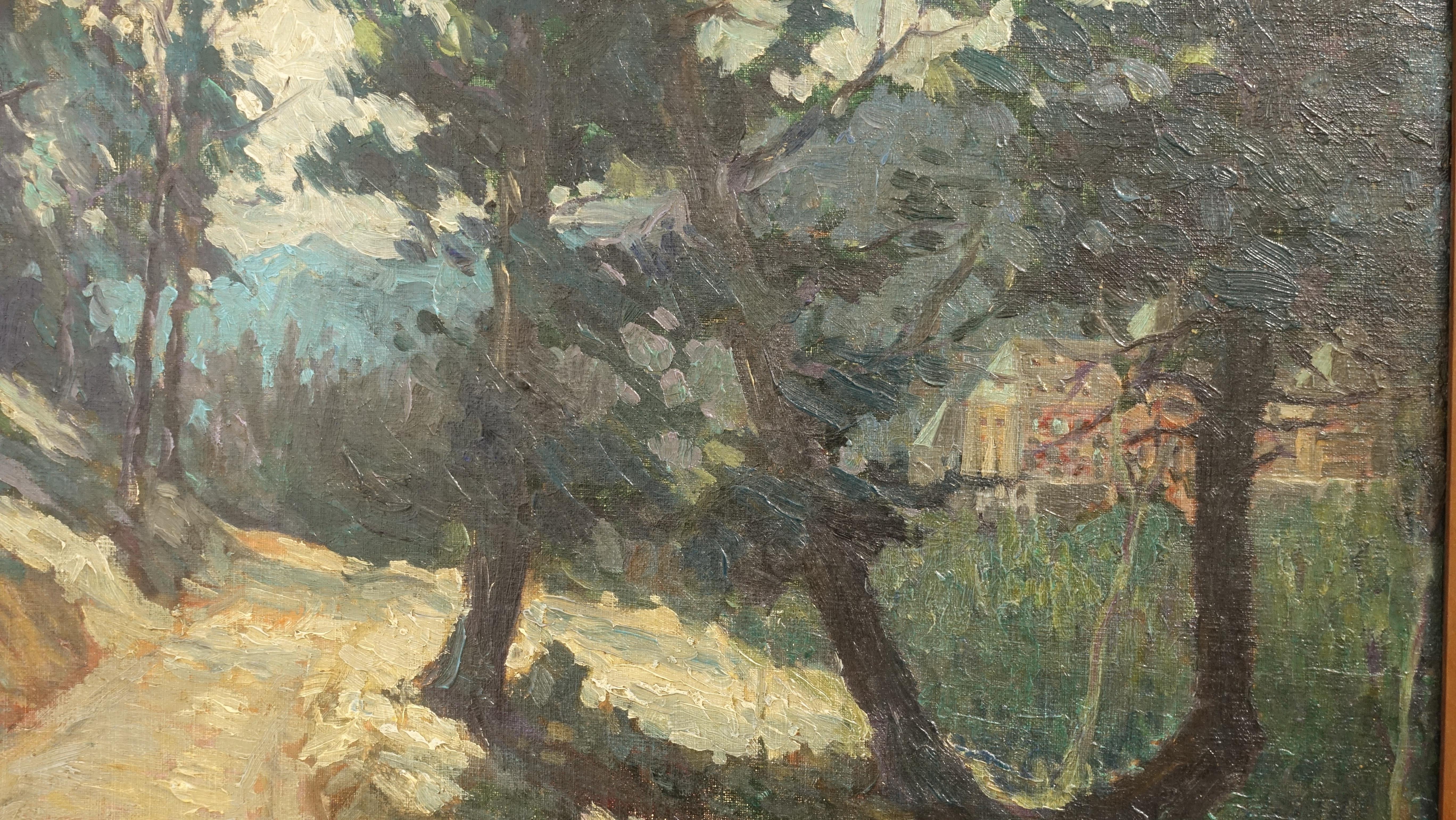 Impressionistisches Landschaftsgemälde, Öl auf Leinwand, in einem vergoldeten Holz- und Paketrahmen. Signiert unten rechts Shreve und datiert 1923. Möglicherweise Catherine Shock Shreve, (1900-2000).