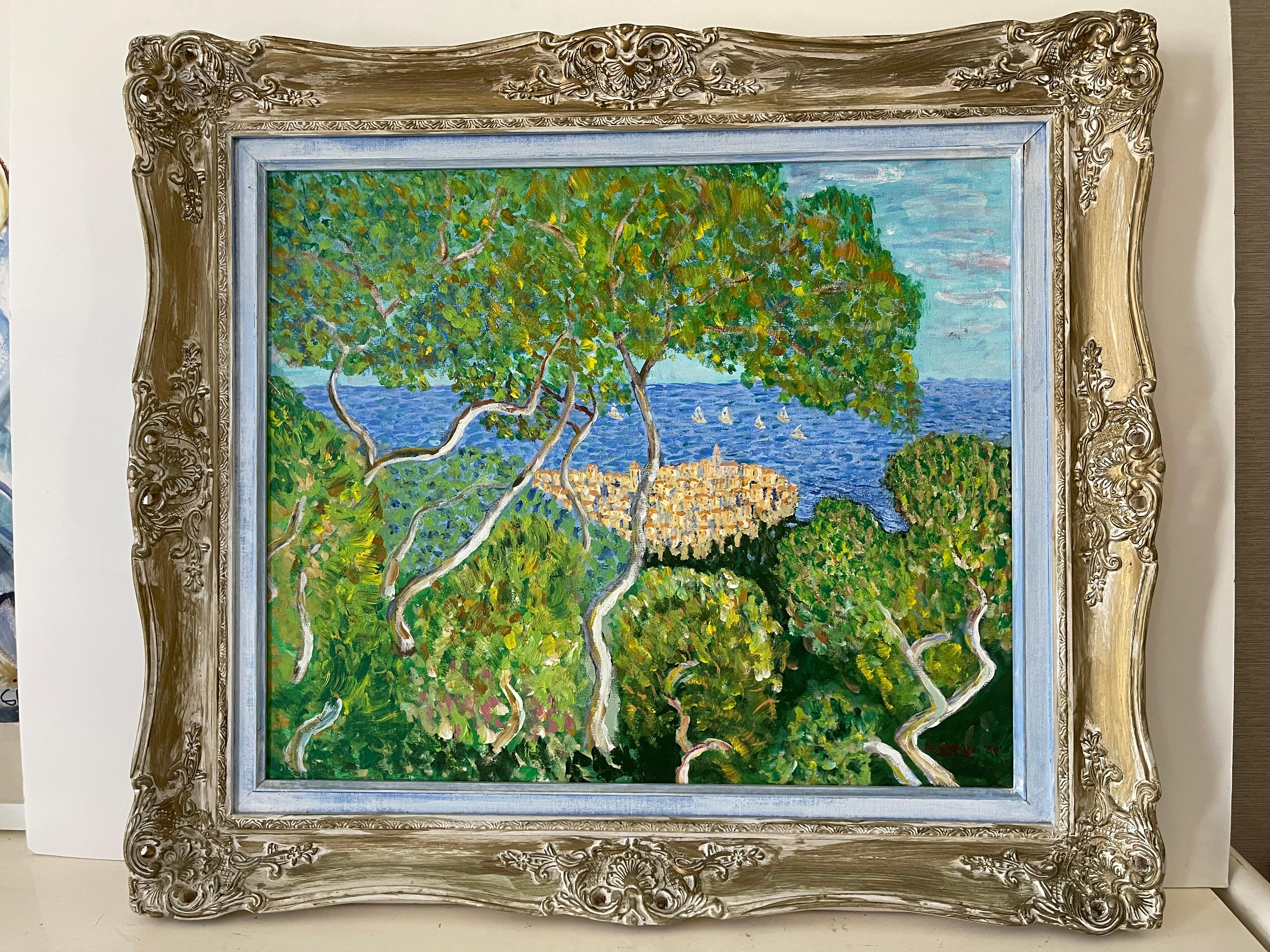 Lebendige postimpressionistische mediterrane Meereslandschaft in Öl auf Leinwand von Florida Künstler / signiert und datiert unten rechts. Gerahmt in kunstvollem Rahmen.