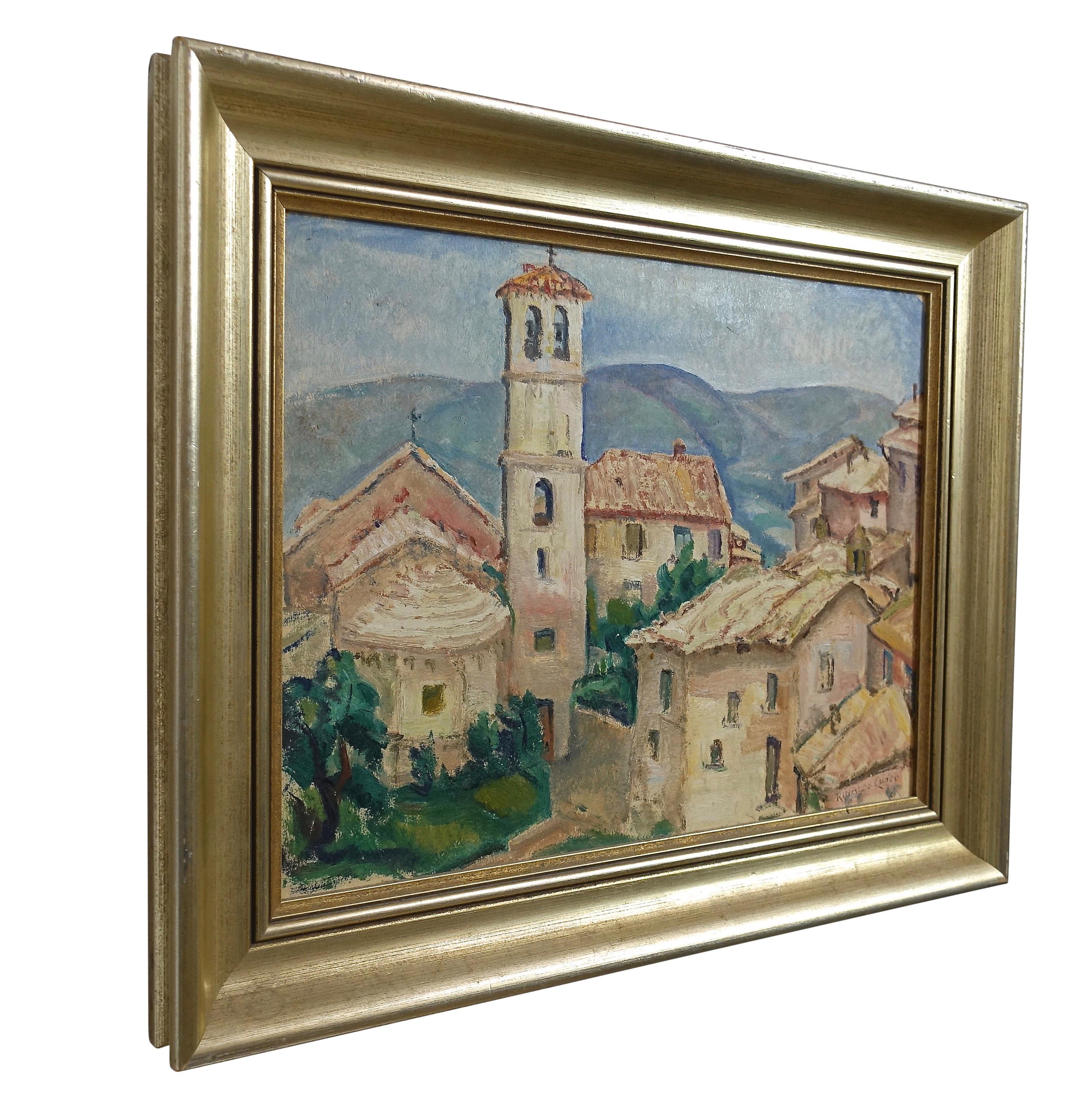 Italian village scene painting by California San Francisco artist Rinaldo Cuneo (b.1877-d.1939). Oil on artist board in giltwood frame. American, early 20th century.
Born in San Francisco, California and raised in the North Beach area, Rinaldo Cuneo