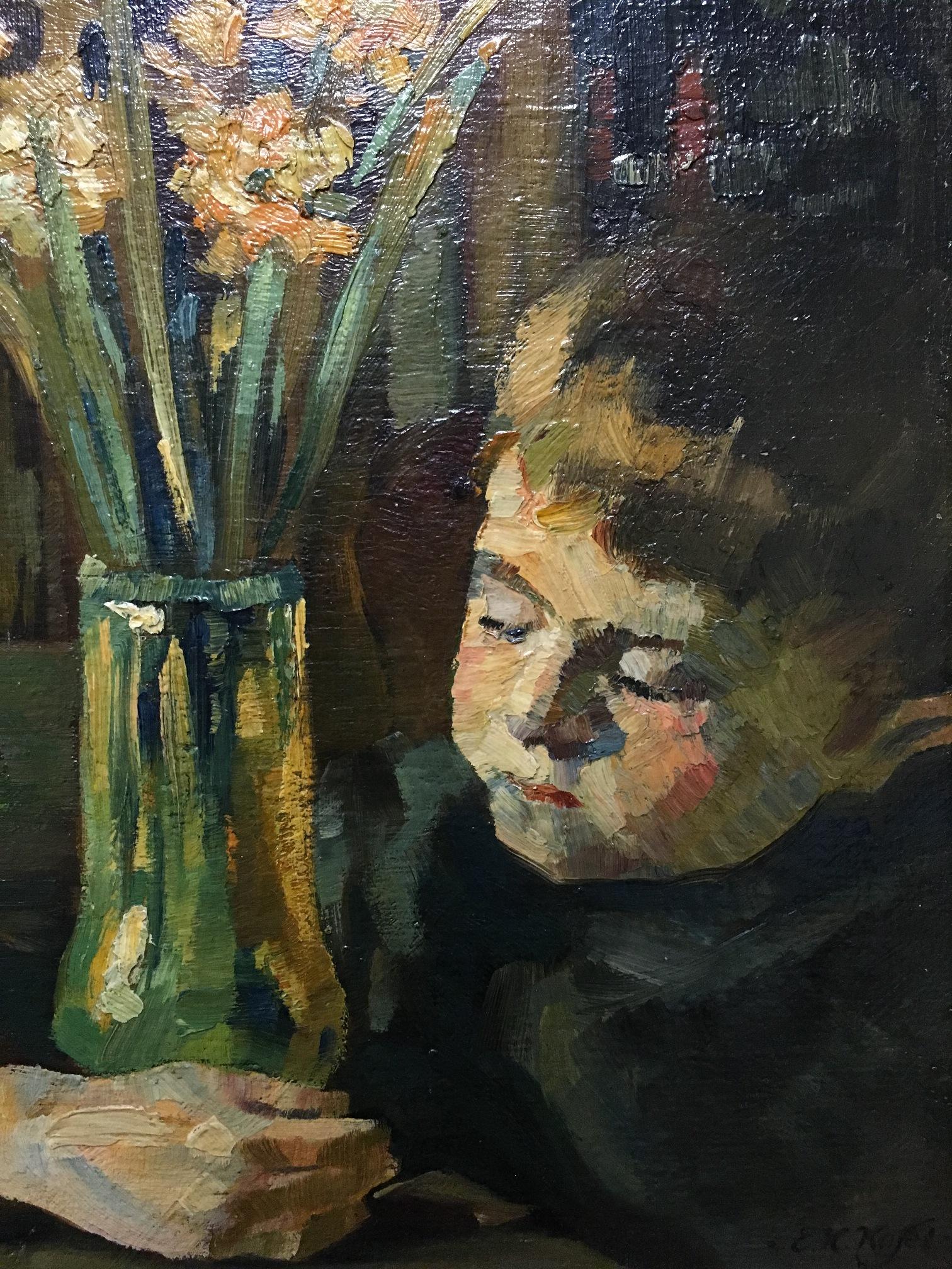 Impressionist oil on canvas painting mounted on board.
Signed. 20th century.
The fine quality painting depicting a tranquil boy seated in a traditional home with his arm around a glass vase containing an assorted floral bouquet. 
Framed in wooden
