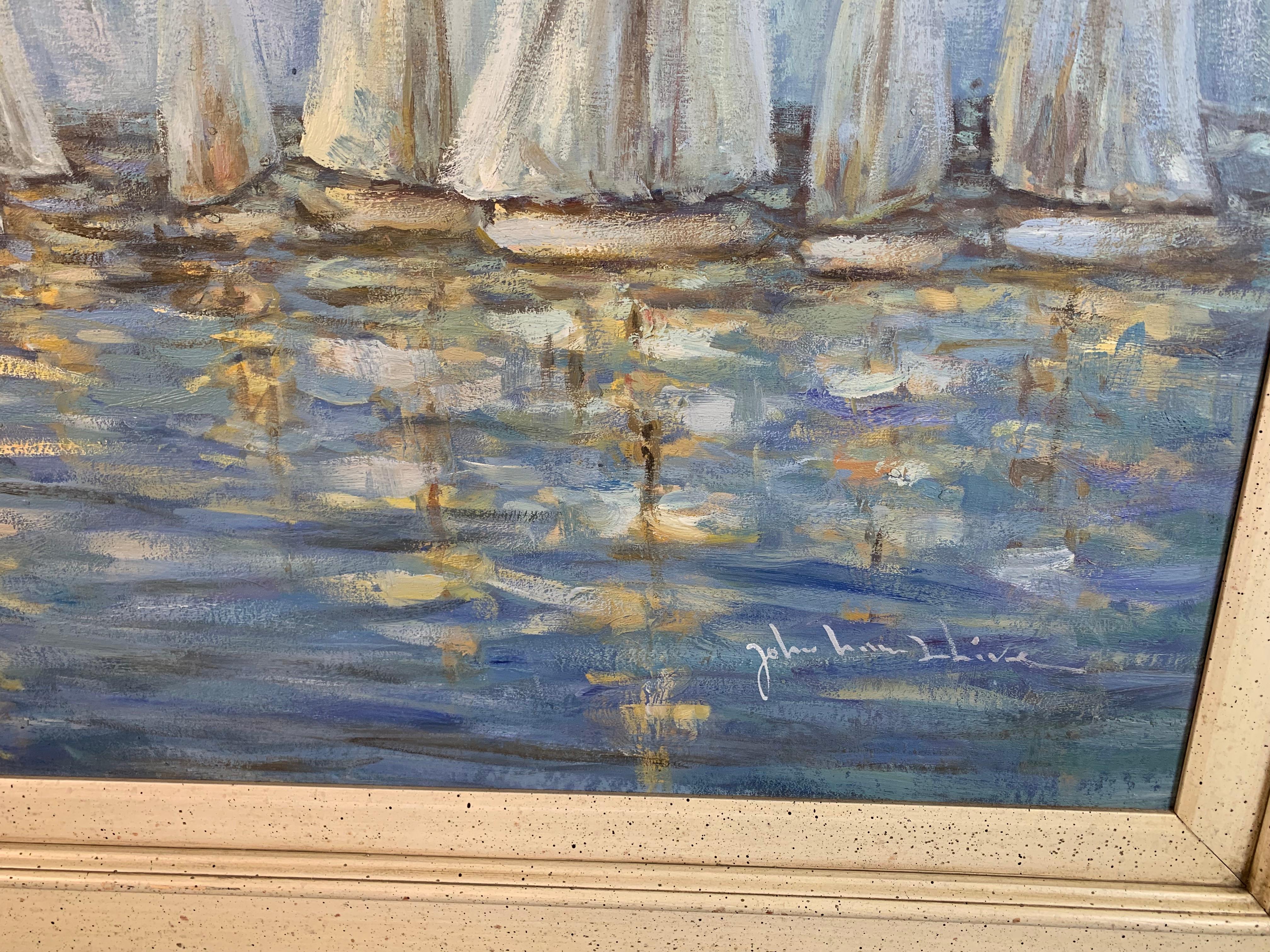 Impressionist oil on Canvas, Boats on the Harbor For Sale 5