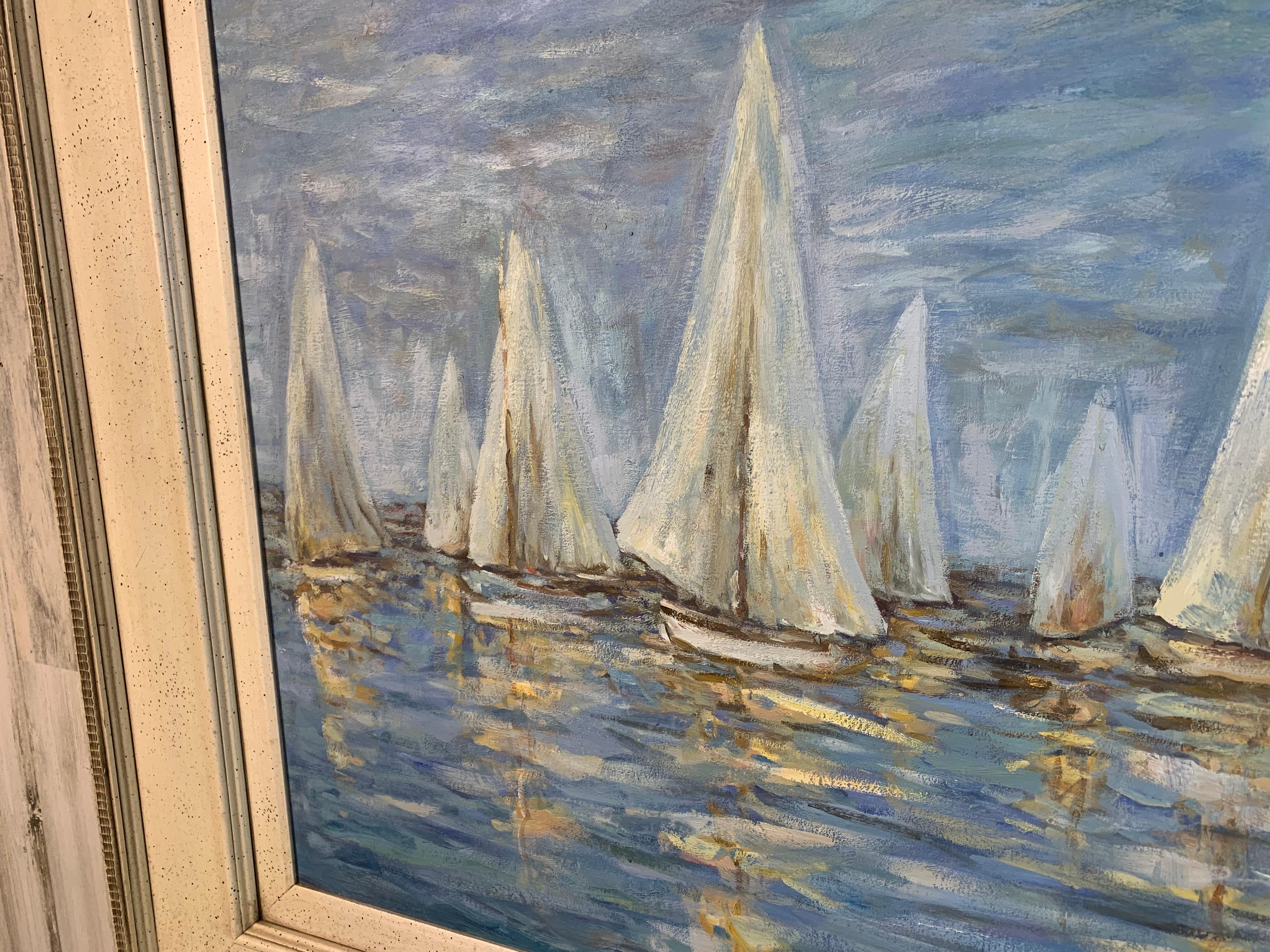 Impressionist oil on Canvas, Boats on the Harbor For Sale 6