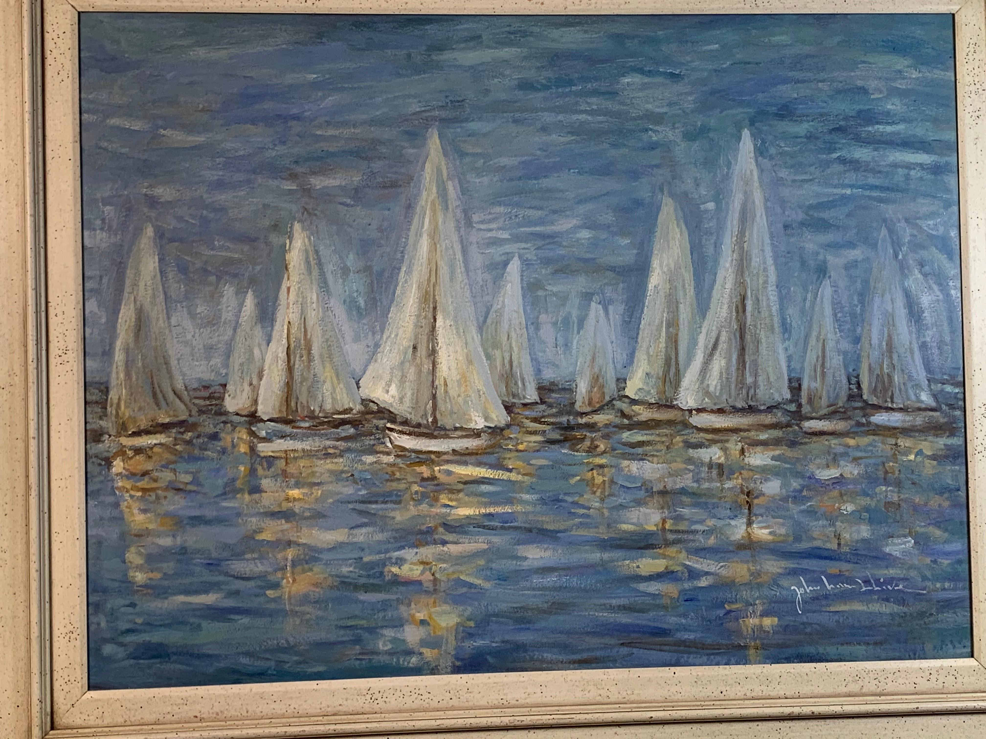 Impressionist oil on Canvas, Boats on the Harbor For Sale 7