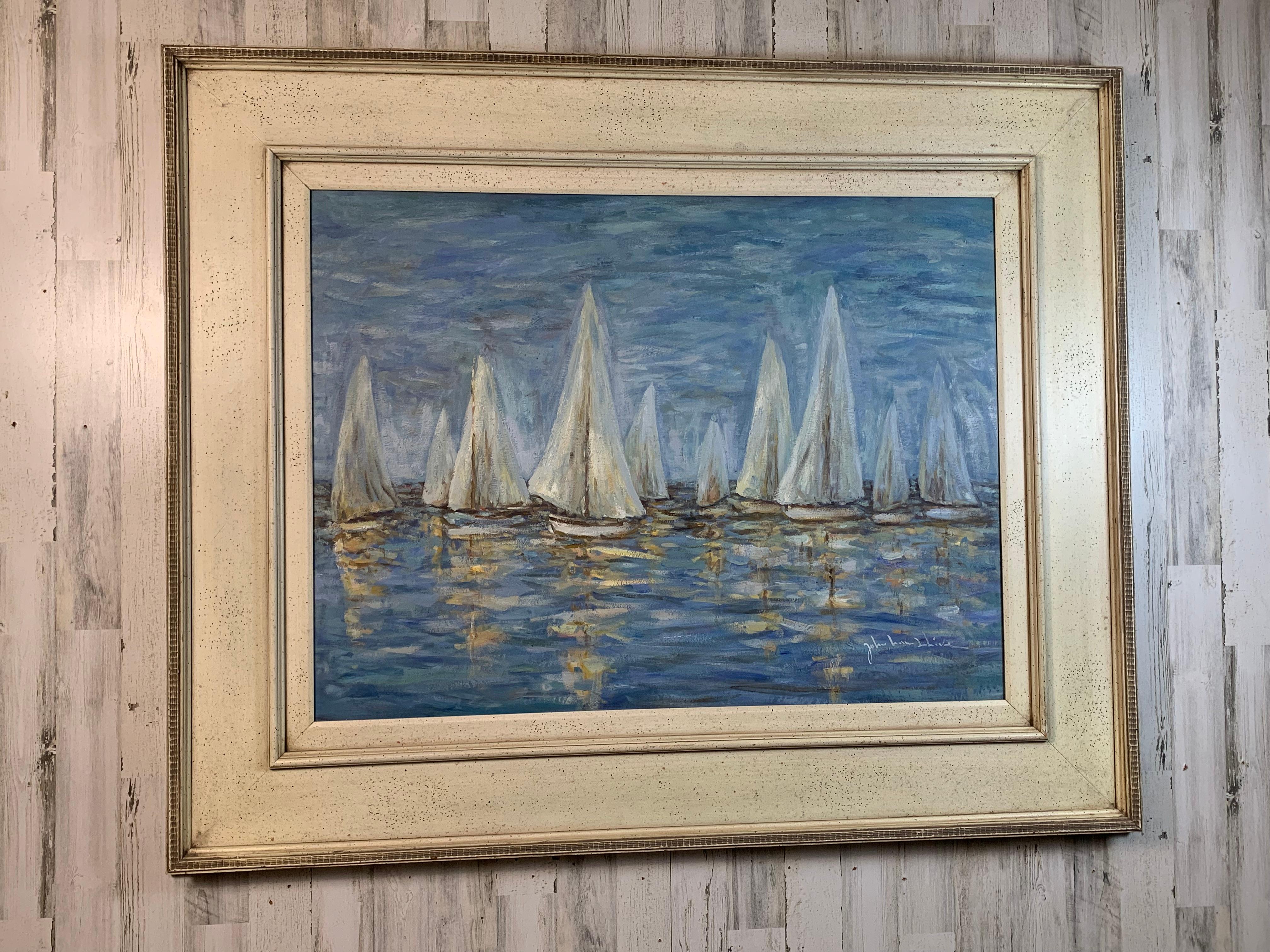 Impressionist oil on Canvas, Boats on the Harbor For Sale 8