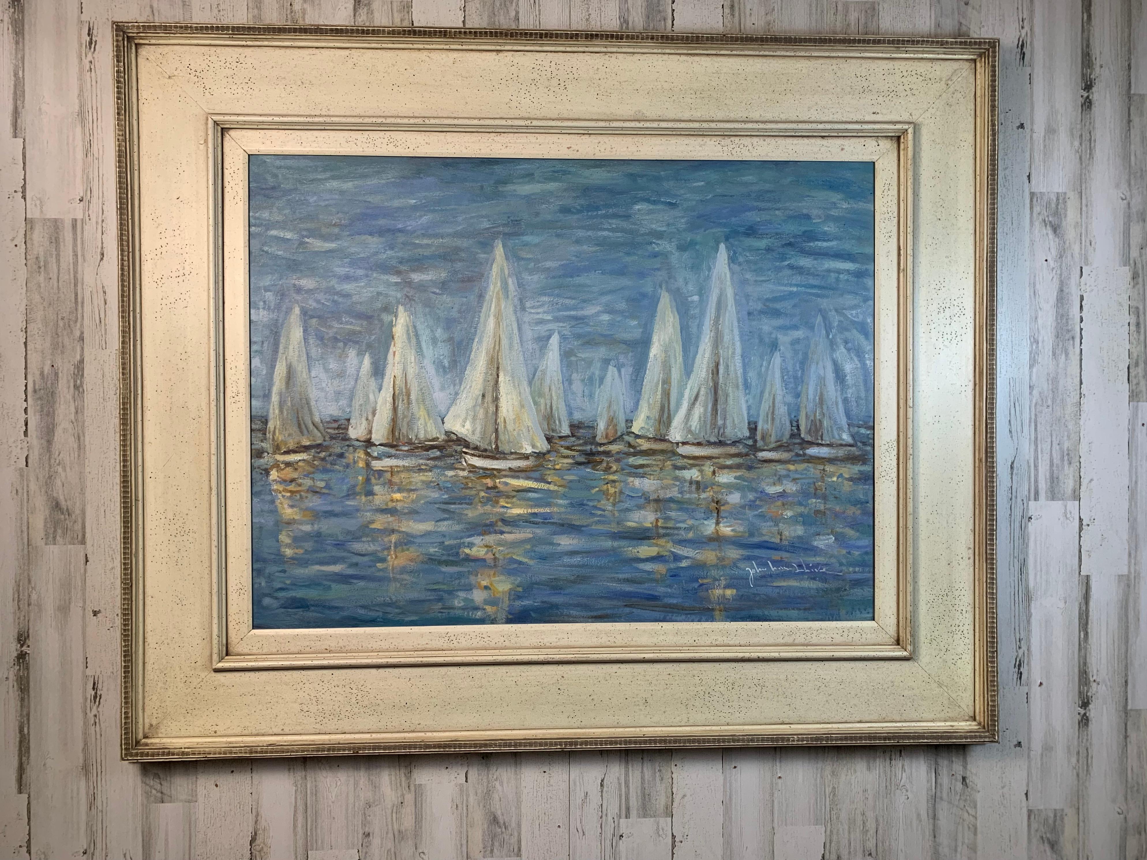 Very Large oil on canvas in the impressionist style of Boats on the water. A playful example of blues and yellowish greens with a white sails. artist unknown.