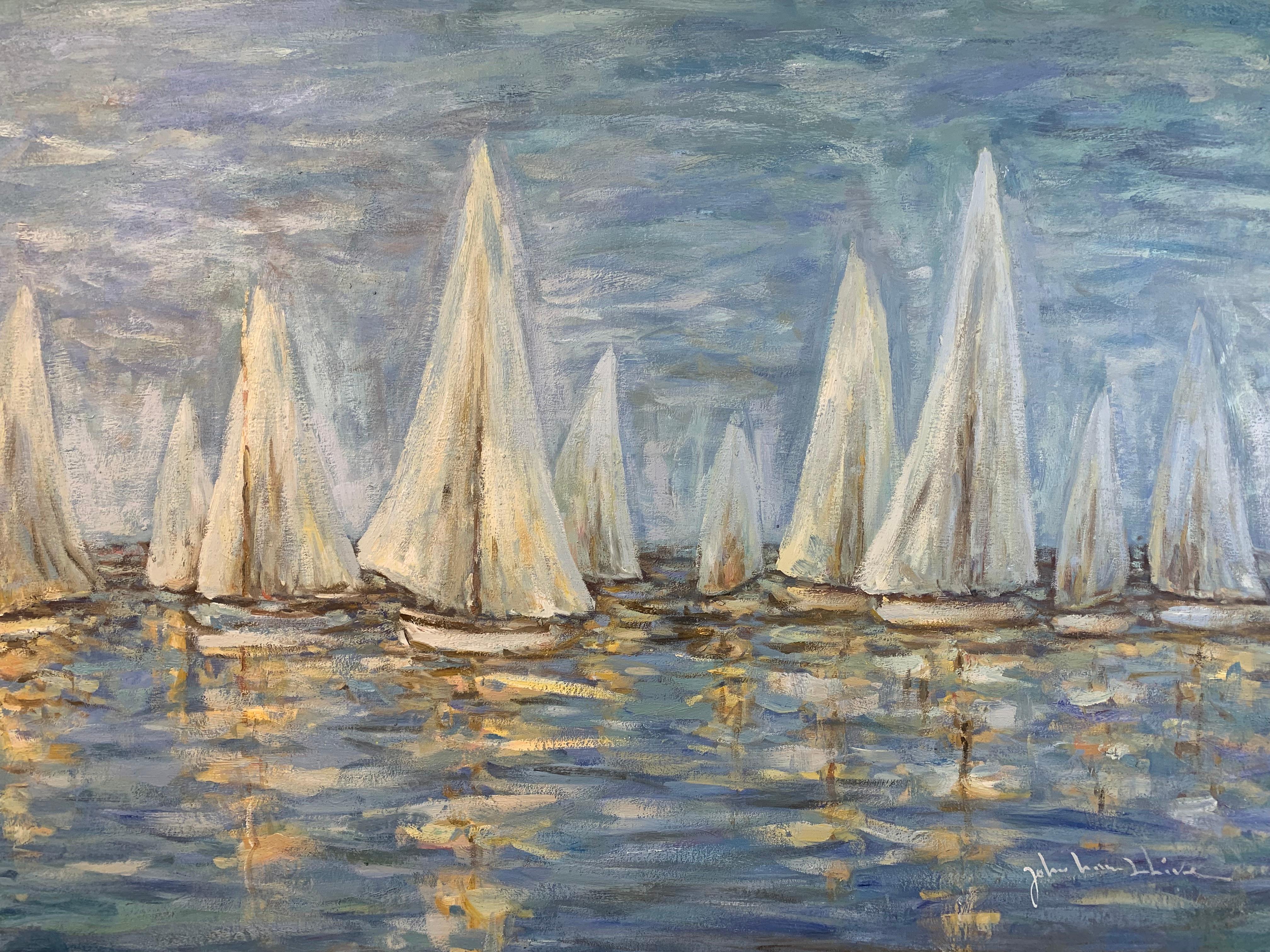 North American Impressionist oil on Canvas, Boats on the Harbor For Sale