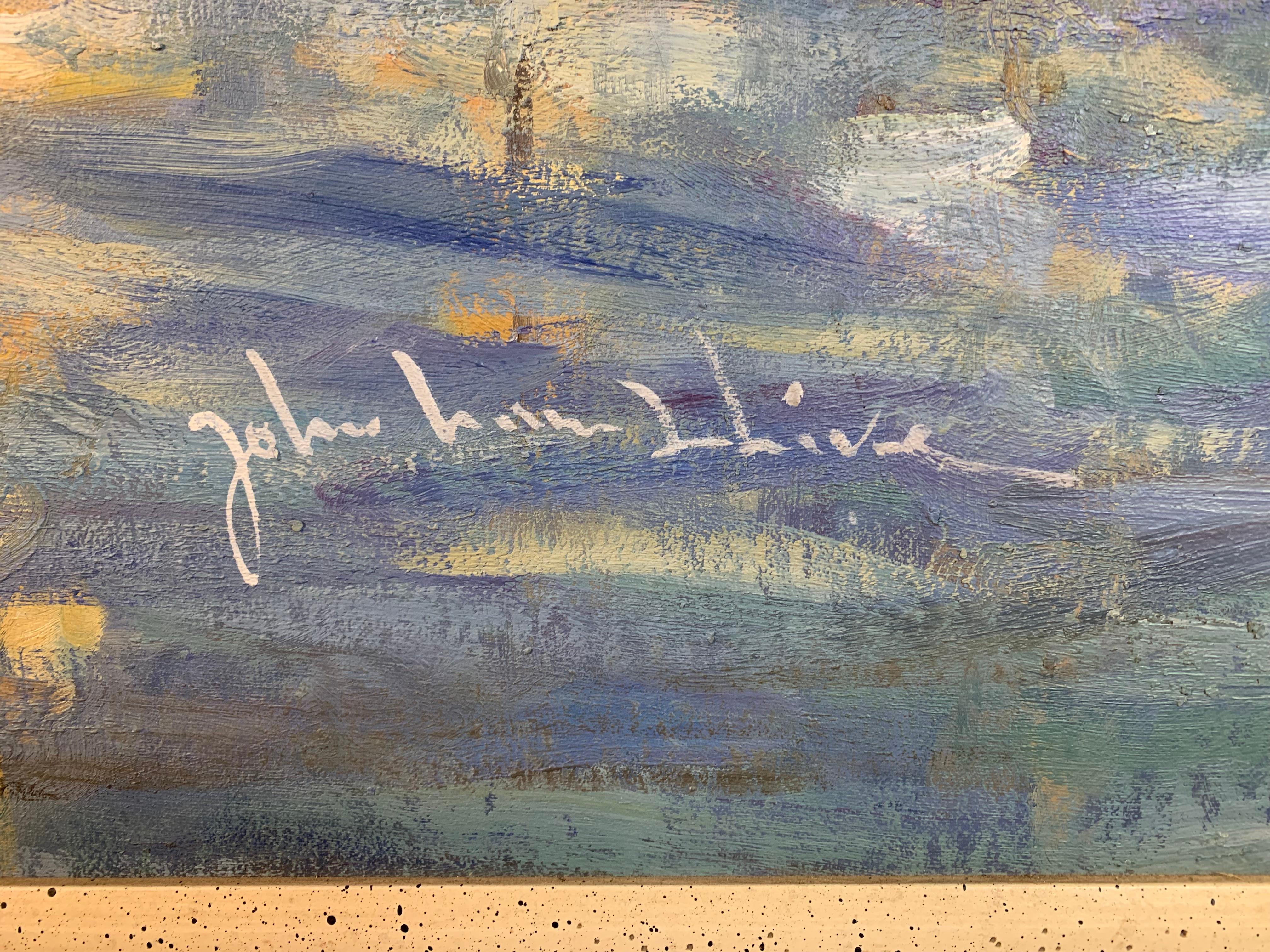 Impressionist oil on Canvas, Boats on the Harbor In Good Condition For Sale In Denton, TX