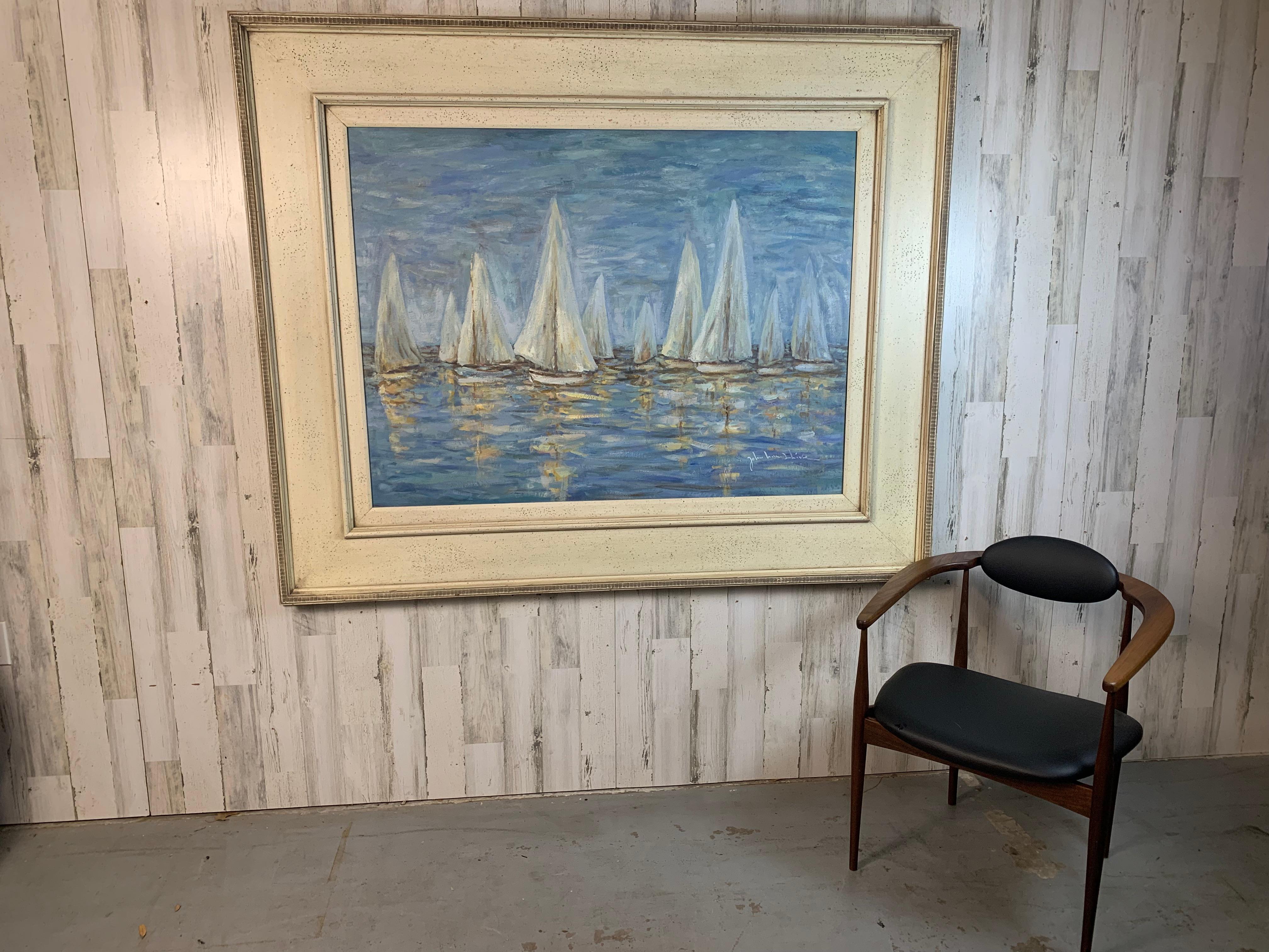 Impressionist oil on Canvas, Boats on the Harbor For Sale 1