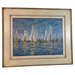 Olio impressionista su tela, Barche sul porto