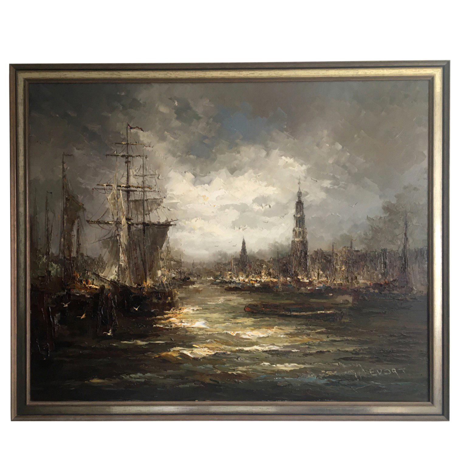 Impressionist Oil on Canvas Painting by John Bevort, Harbor Scene