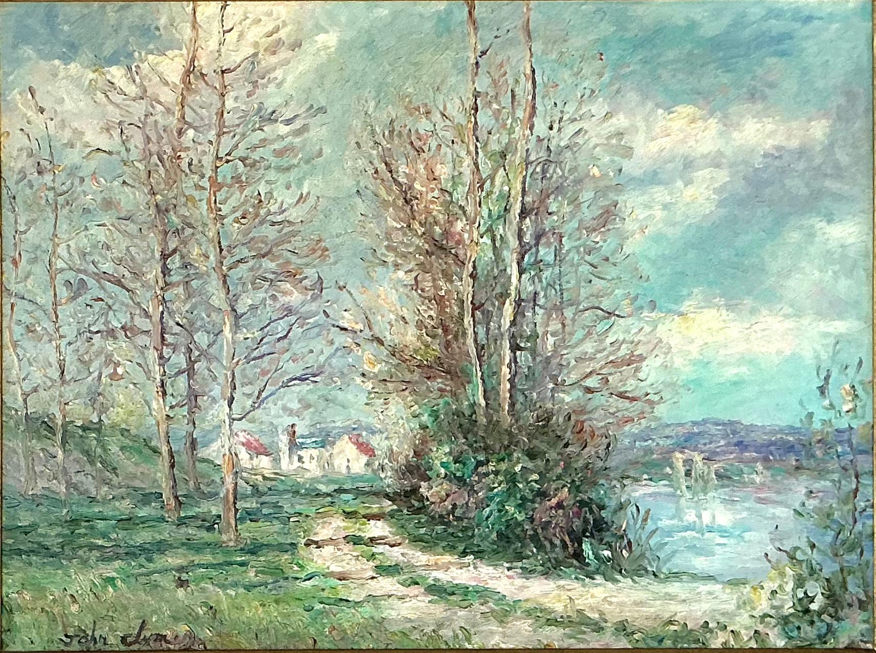 John Clymer (británico/estadounidense, n. 1932, Brighton, Inglaterra) Pintura impresionista al óleo sobre lienzo frente al río. Esta impresionante pintura representa un paisaje de un pueblo ribereño europeo en una rica paleta de colores pastel.
