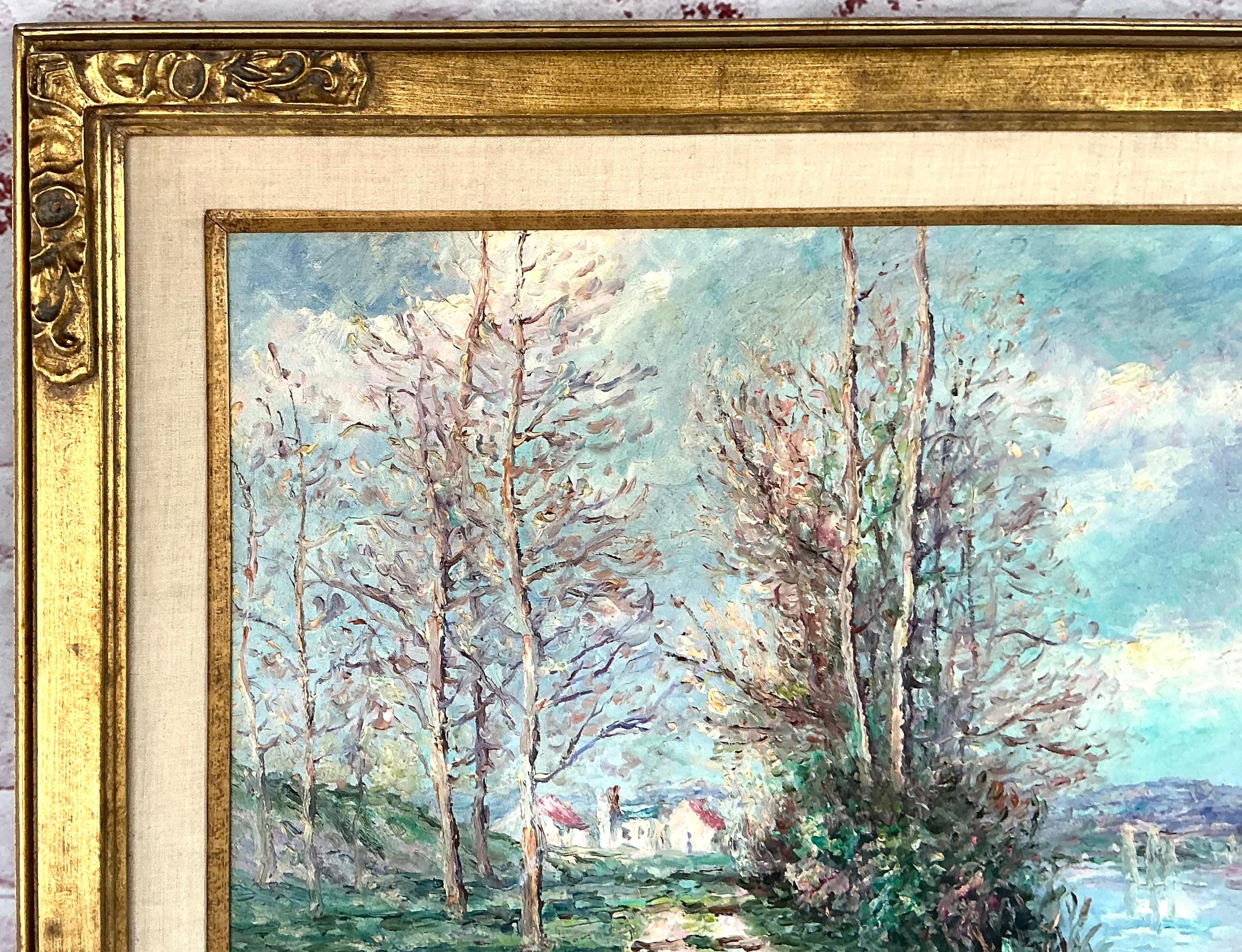 Pintura impresionista al óleo sobre lienzo frente al río de John Clymer (británico, n.1932) Estadounidense en venta