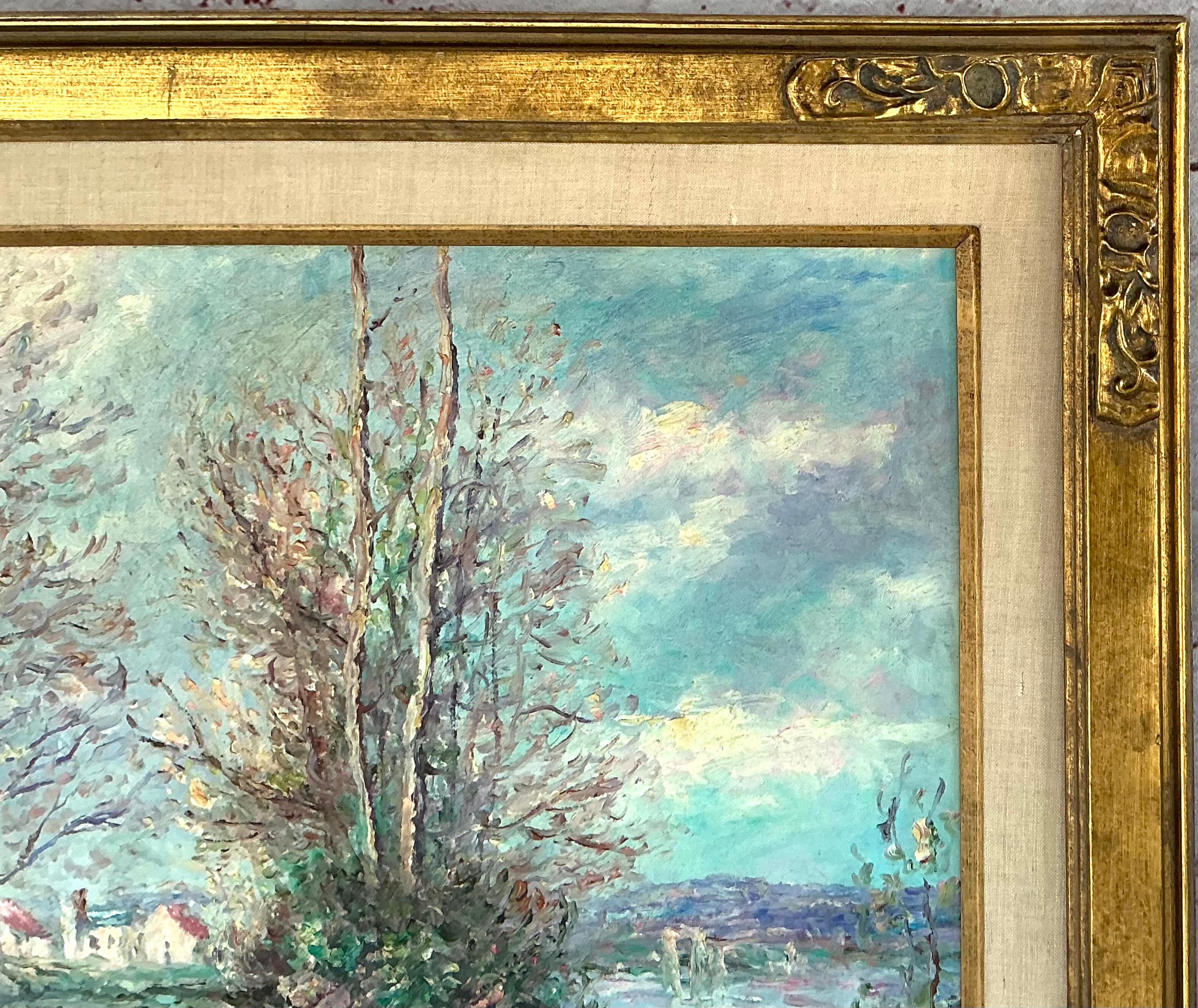 Pintura impresionista al óleo sobre lienzo frente al río de John Clymer (británico, n.1932) en Bueno estado para la venta en Bradenton, FL