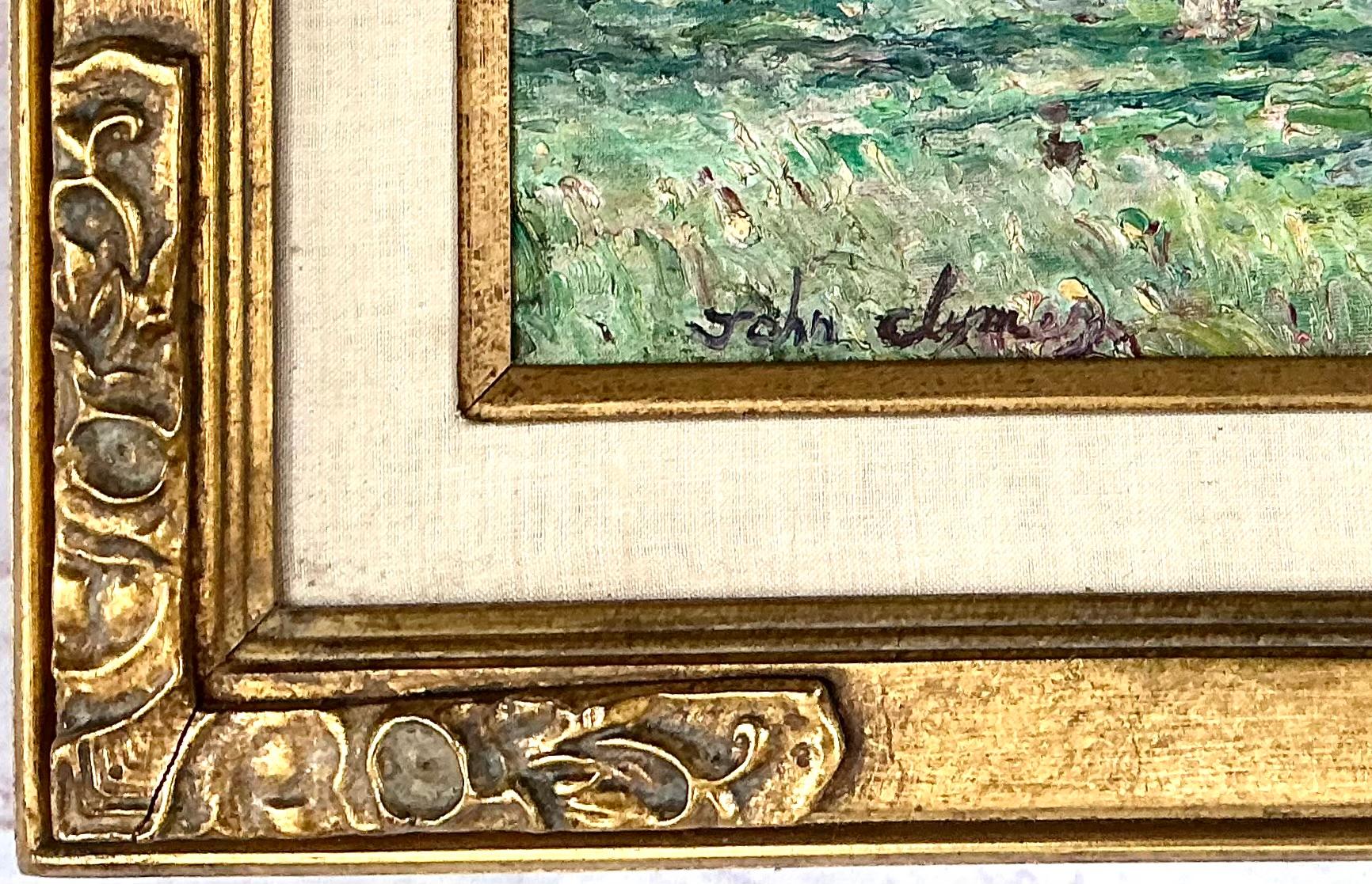 Pintura impresionista al óleo sobre lienzo frente al río de John Clymer (británico, n.1932) siglo XX en venta