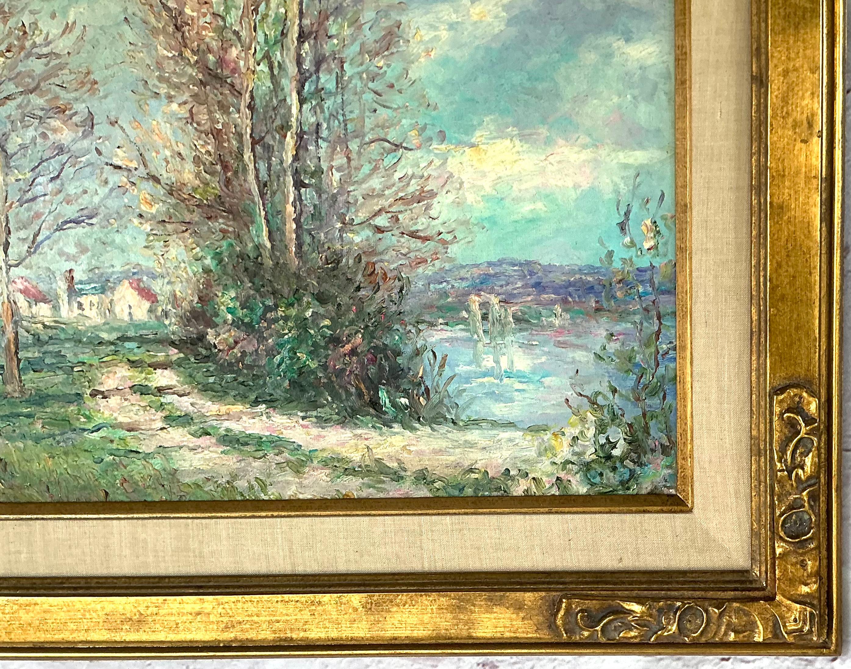 Pintura impresionista al óleo sobre lienzo frente al río de John Clymer (británico, n.1932) Lienzo en venta