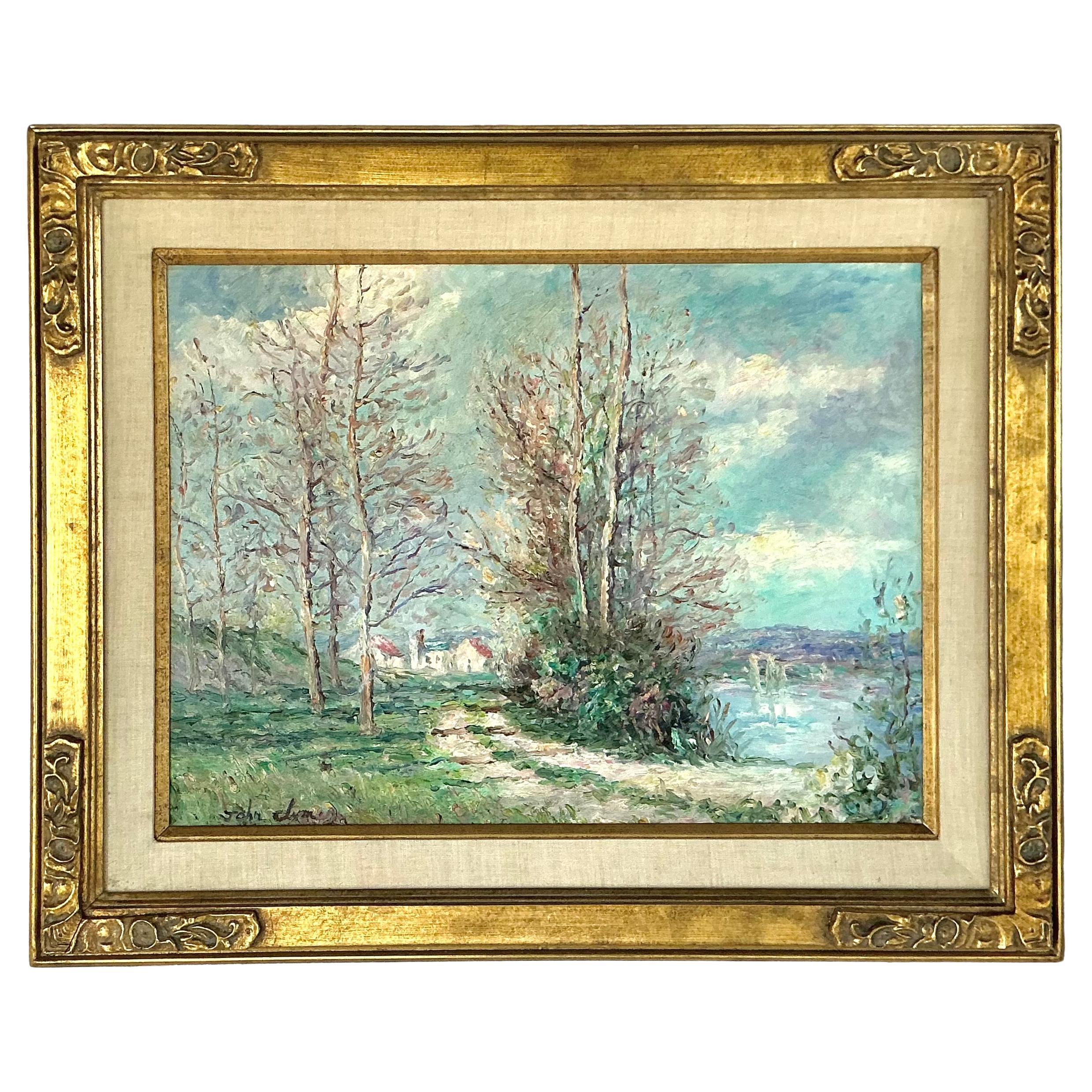 Pintura impresionista al óleo sobre lienzo frente al río de John Clymer (británico, n.1932)