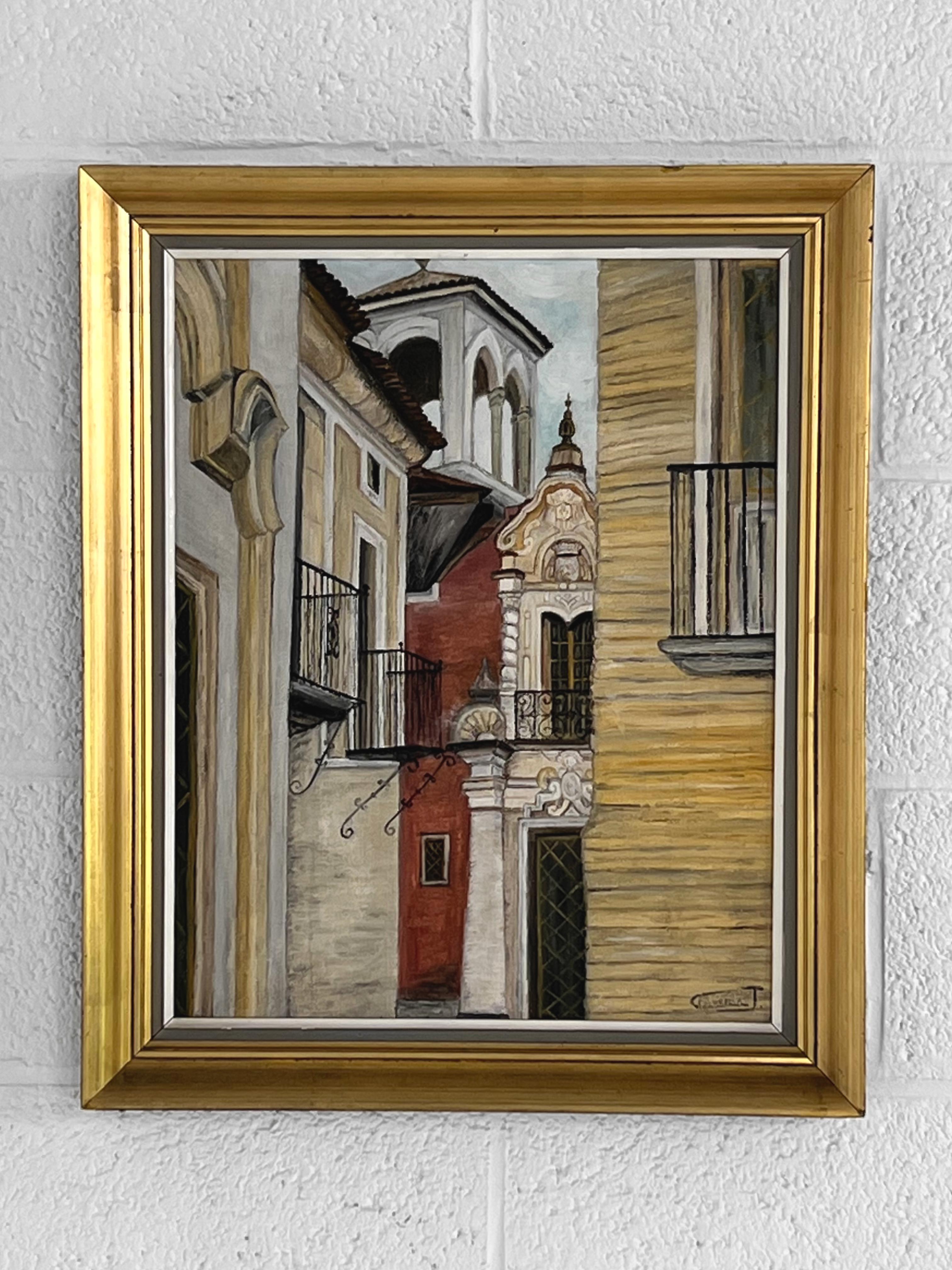 Impressionistisches Ölgemälde Architektur einer Townes mit einer Nahaufnahme einer Stadt, insbesondere von Fenstern, Balkonen und Glockenturm. Schwarze Lackierung und vergoldete Holzstruktur.