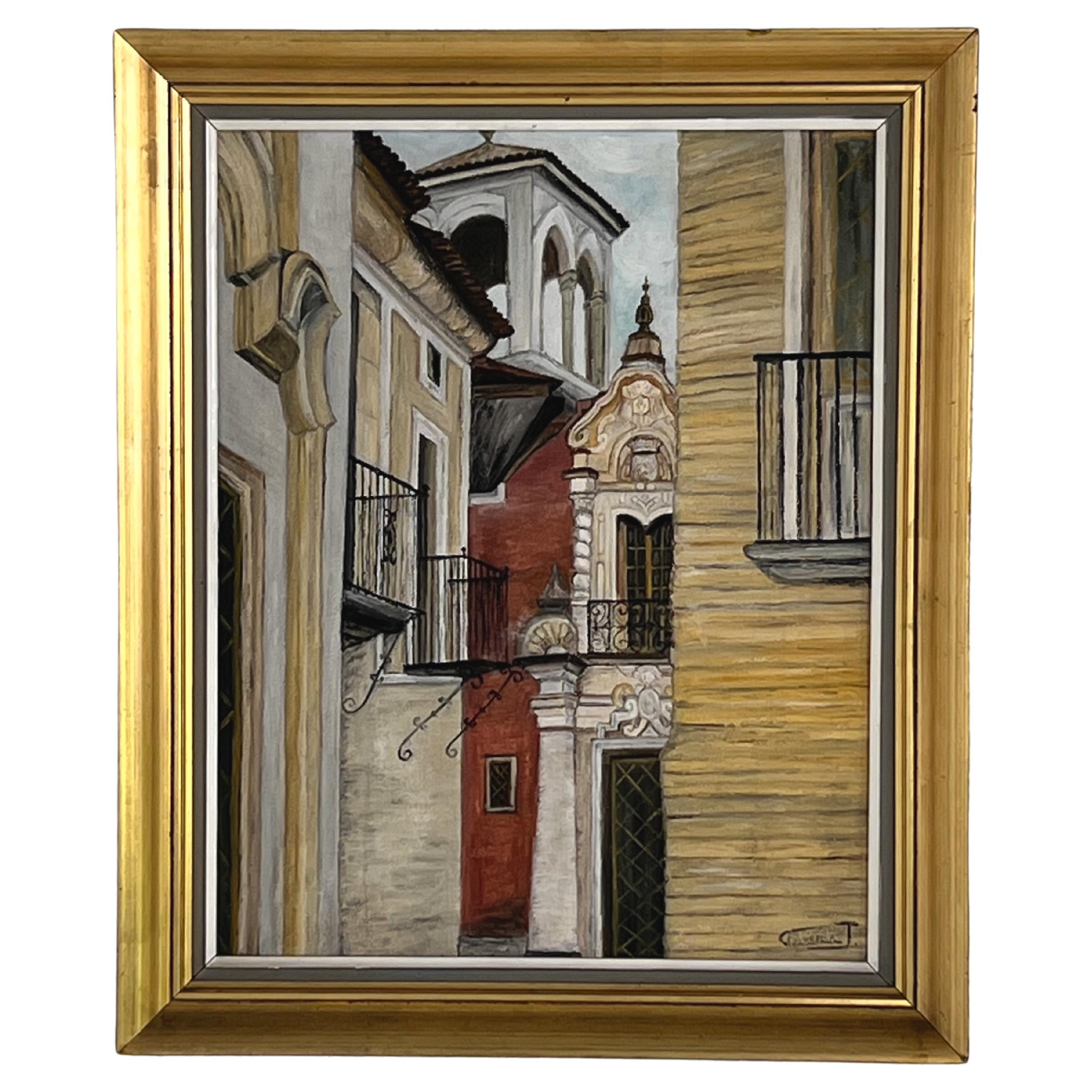 Impressionist Oil Painting Architecture of Town For Sale