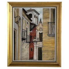Vintage Impressionist Oil Painting Architecture of Town