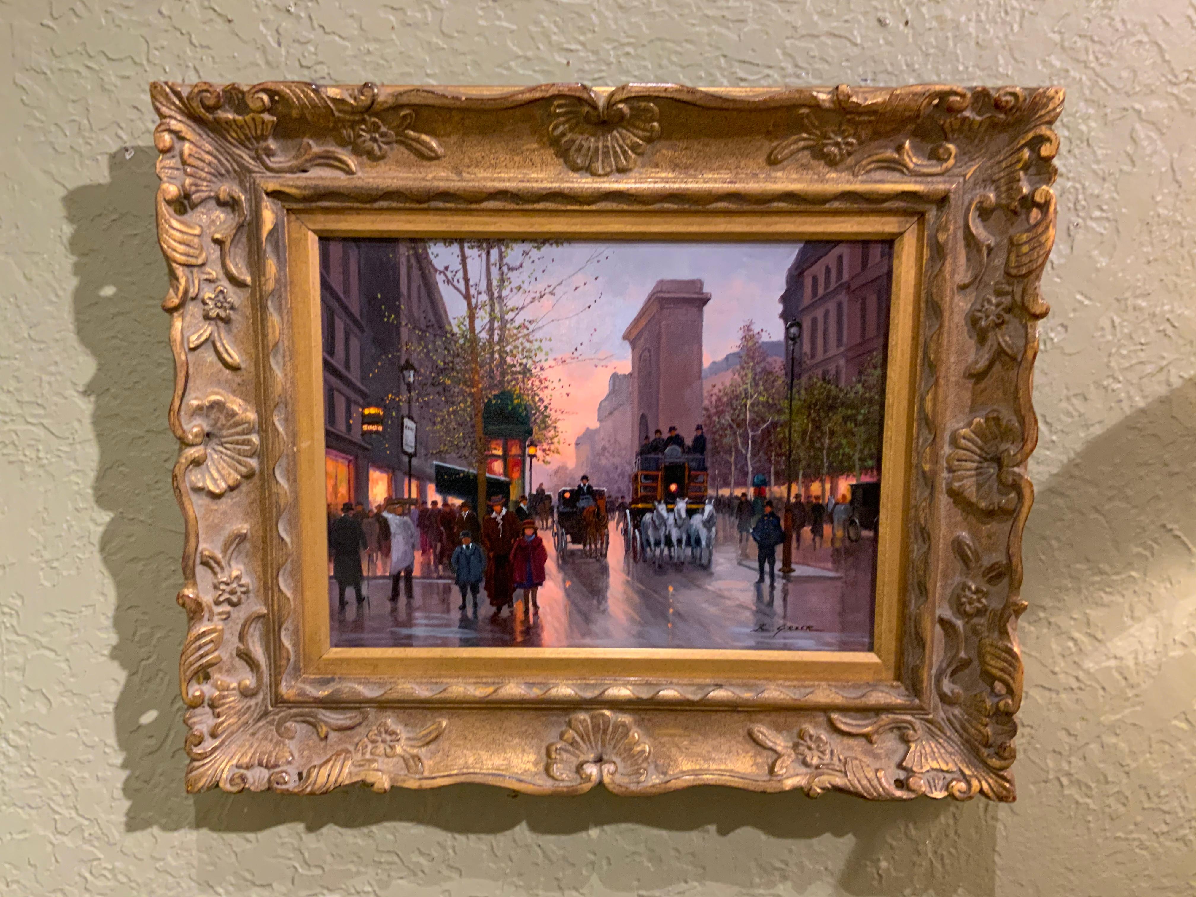 Texas artist Ruth Greer is known for beautiful impressionist oil paintings of Paris street scenes.
This piece is a fine representation of her work and style. She taught art at The University of St. Thomas
In Houston Texas. It is presented in a