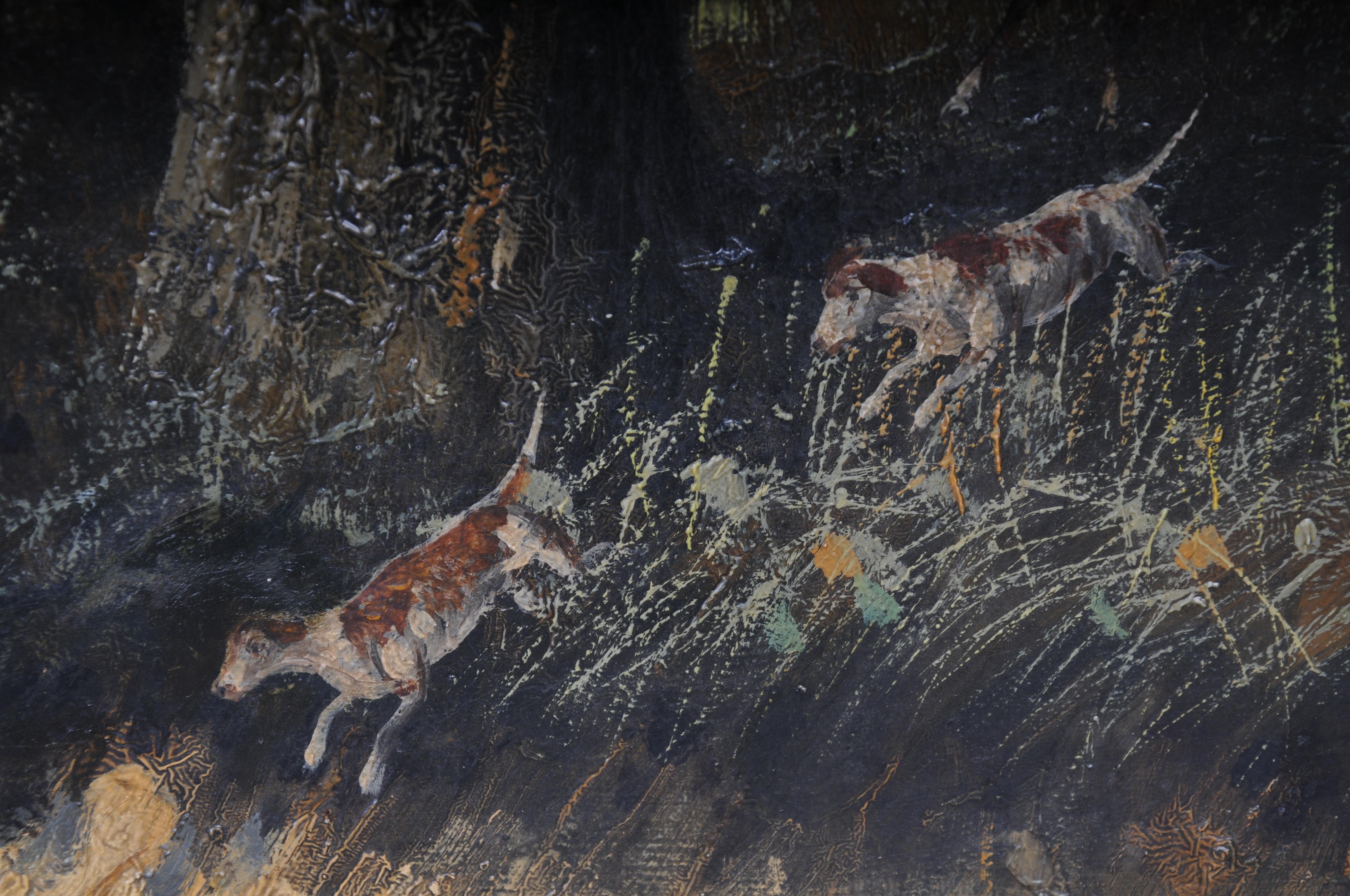 dipinto ad olio impressionista Cavaliere a cavallo con cani da caccia Foresta, firmato in vendita 3