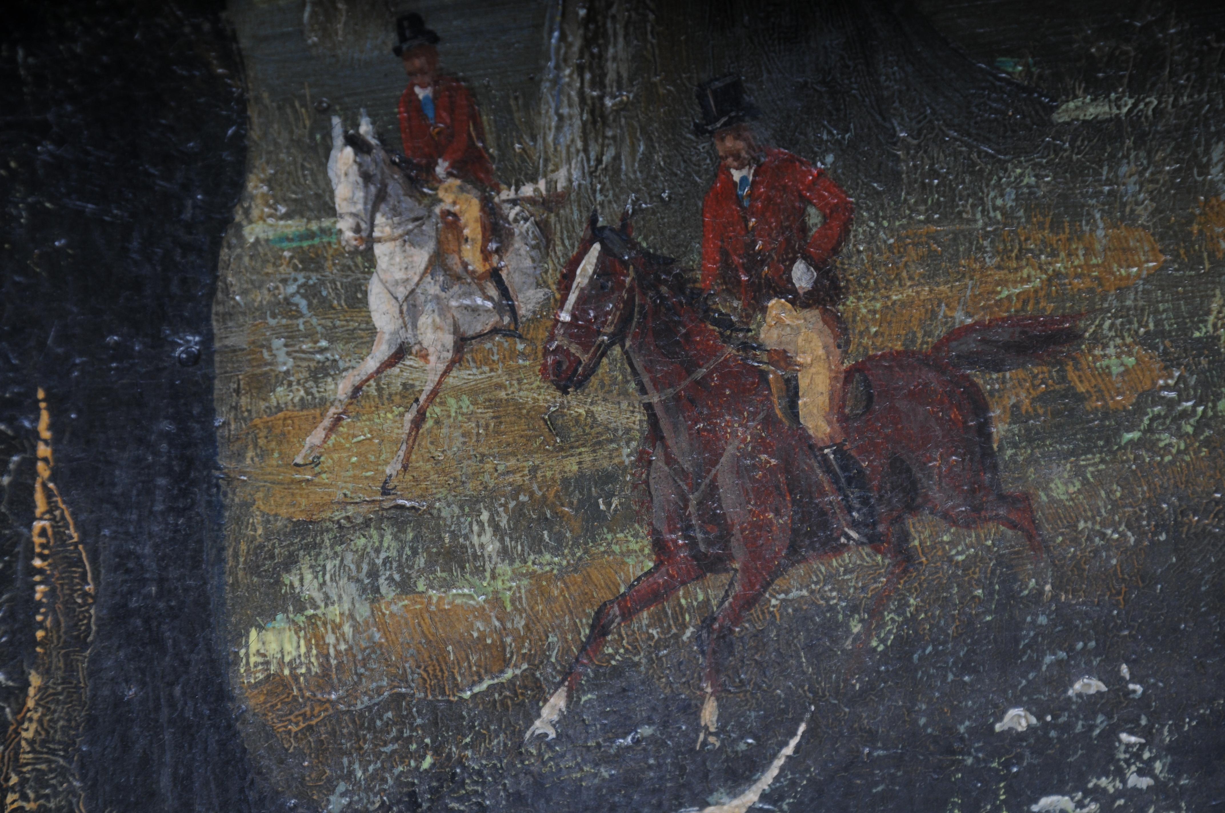 dipinto ad olio impressionista Cavaliere a cavallo con cani da caccia Foresta, firmato in vendita 5