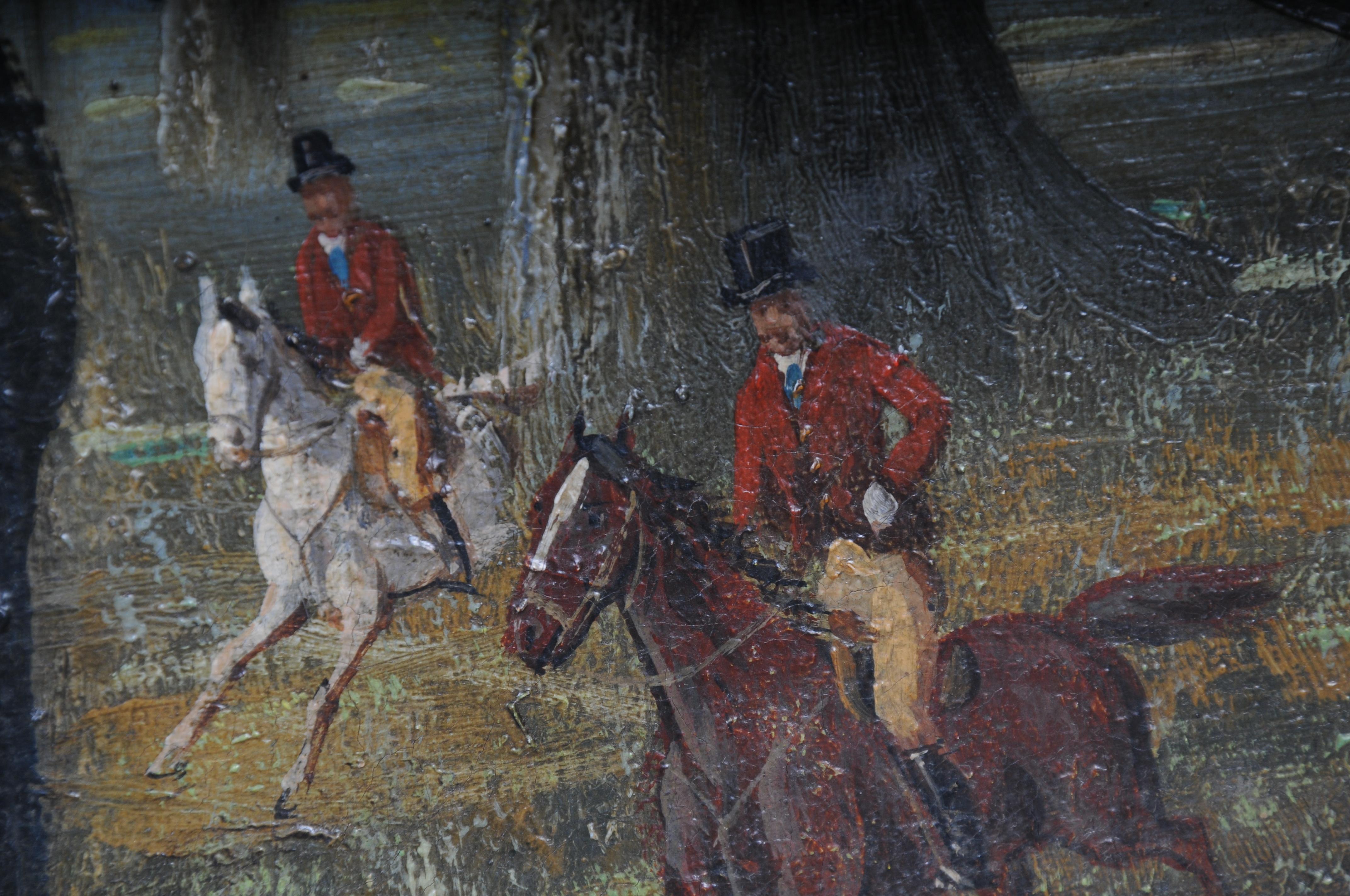 dipinto ad olio impressionista Cavaliere a cavallo con cani da caccia Foresta, firmato in vendita 6