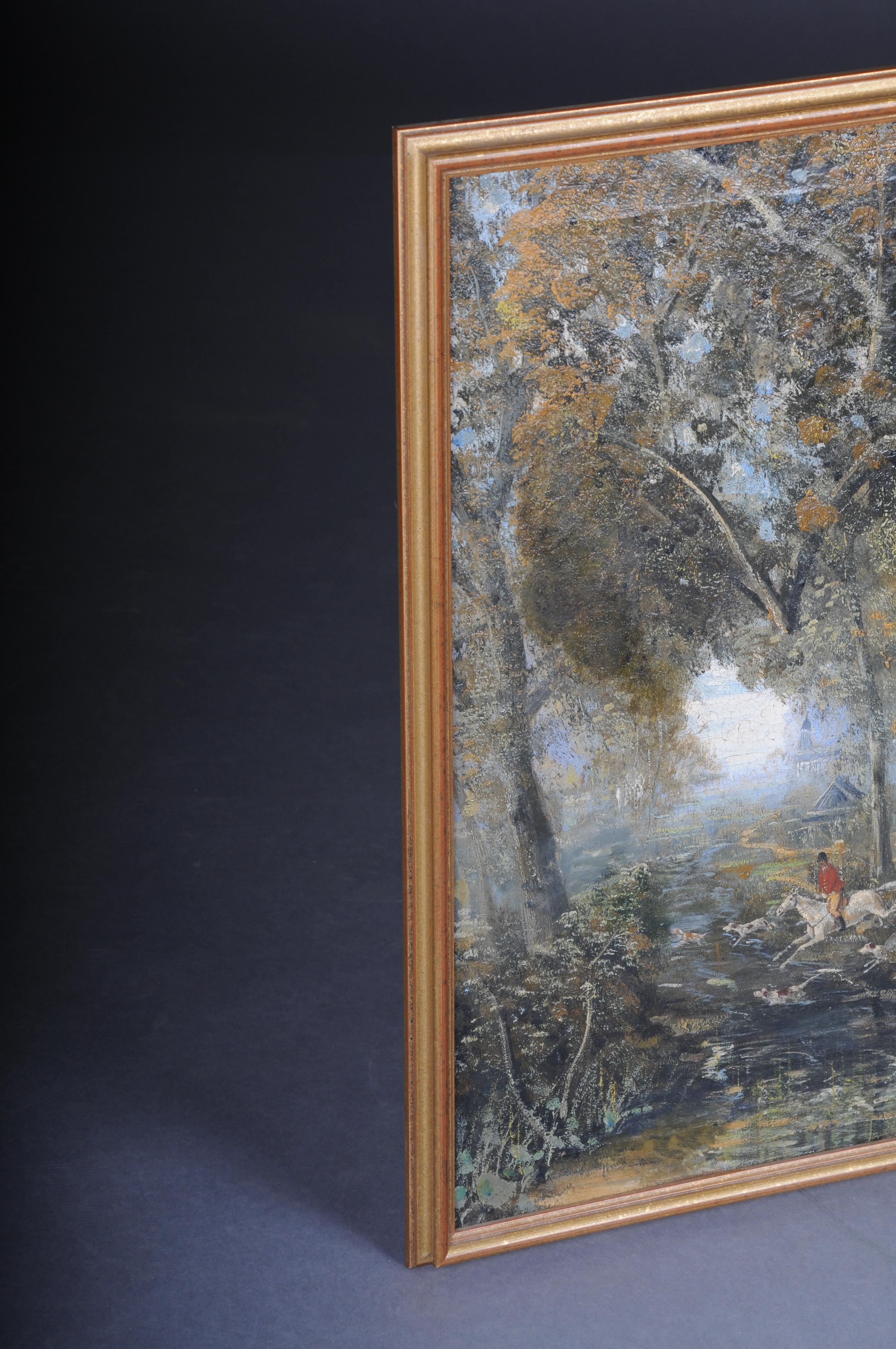 dipinto ad olio impressionista Cavaliere a cavallo con cani da caccia Foresta, firmato in vendita 9