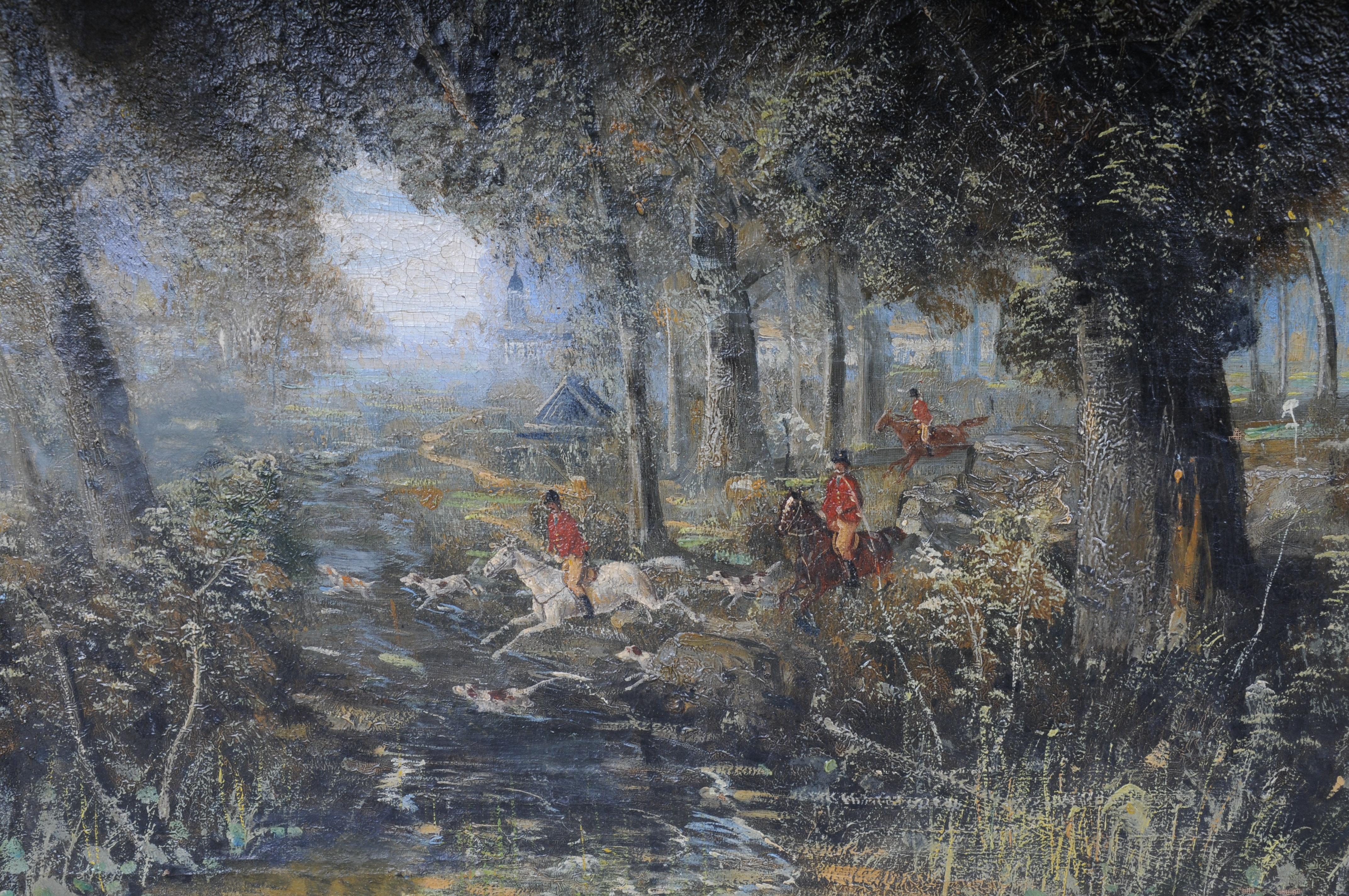 dipinto ad olio impressionista Cavaliere a cavallo con cani da caccia Foresta, firmato

Olio su tela di un'area forestale. Gruppo di cavalieri in uniforme con cani da caccia nella foresta

Provenienza: Collezione privata berlinese acquistata da una