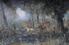 impressionist oil painting horse rider with hunting dogs Forest, signed