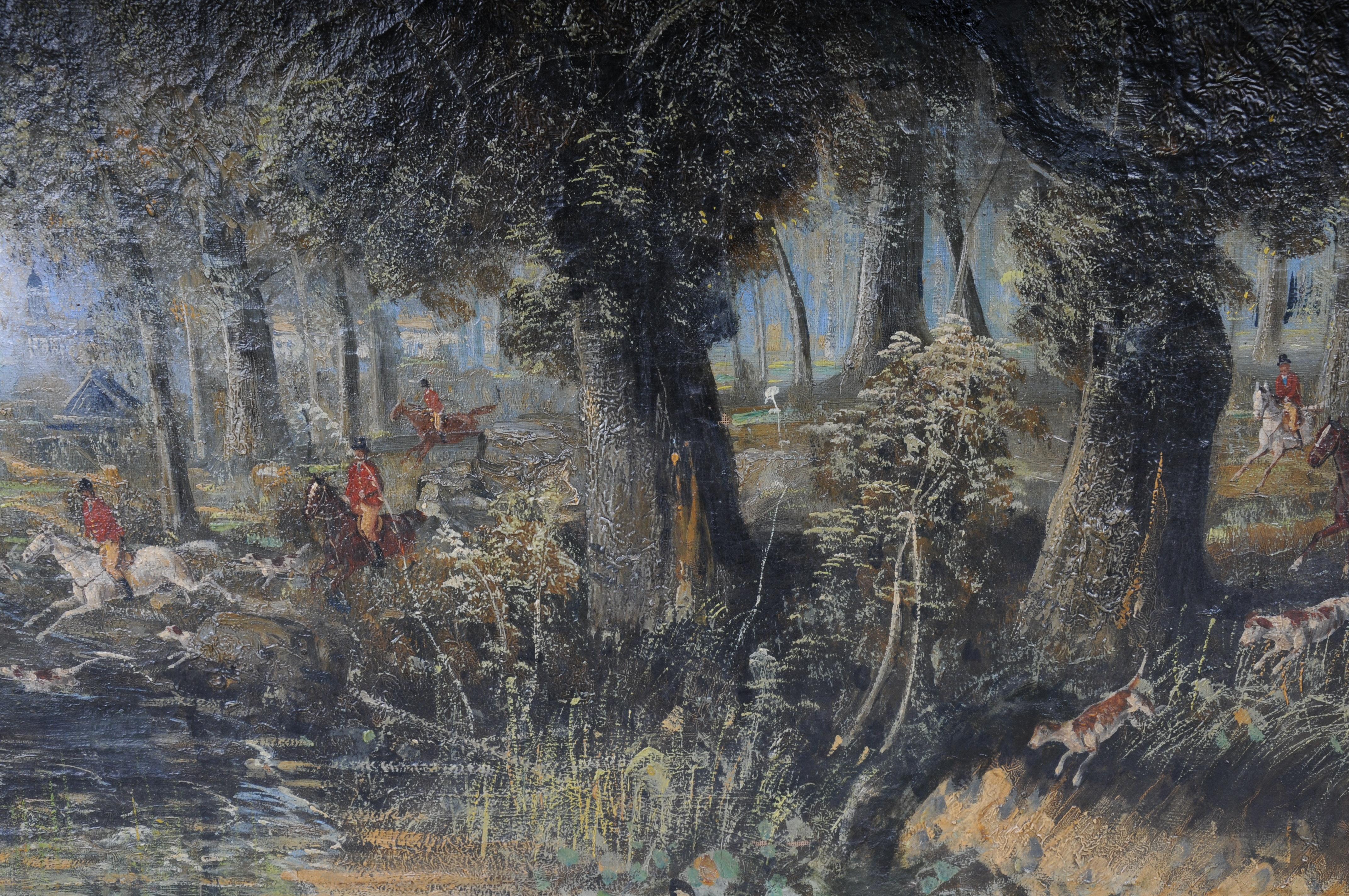 Tedesco dipinto ad olio impressionista Cavaliere a cavallo con cani da caccia Foresta, firmato in vendita