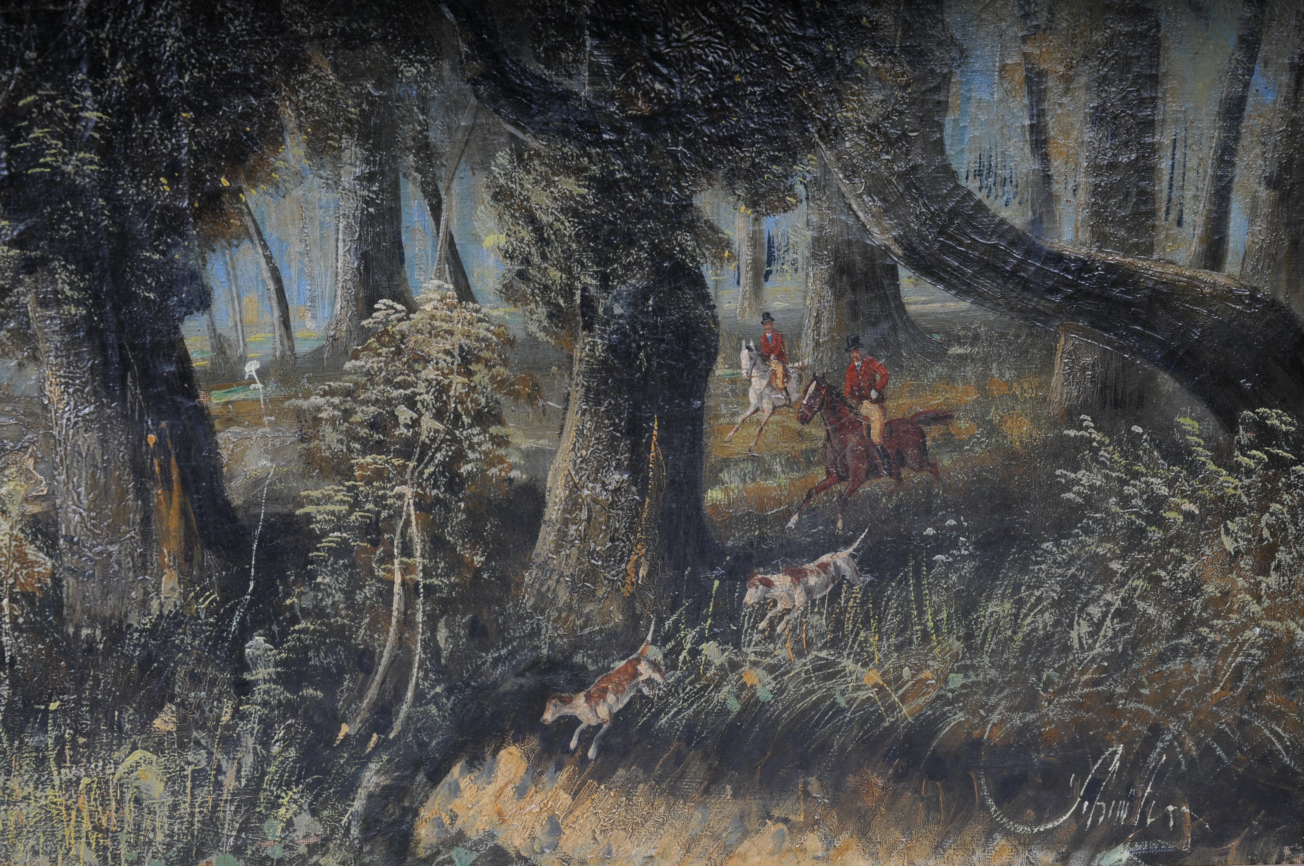Dipinto a mano dipinto ad olio impressionista Cavaliere a cavallo con cani da caccia Foresta, firmato in vendita