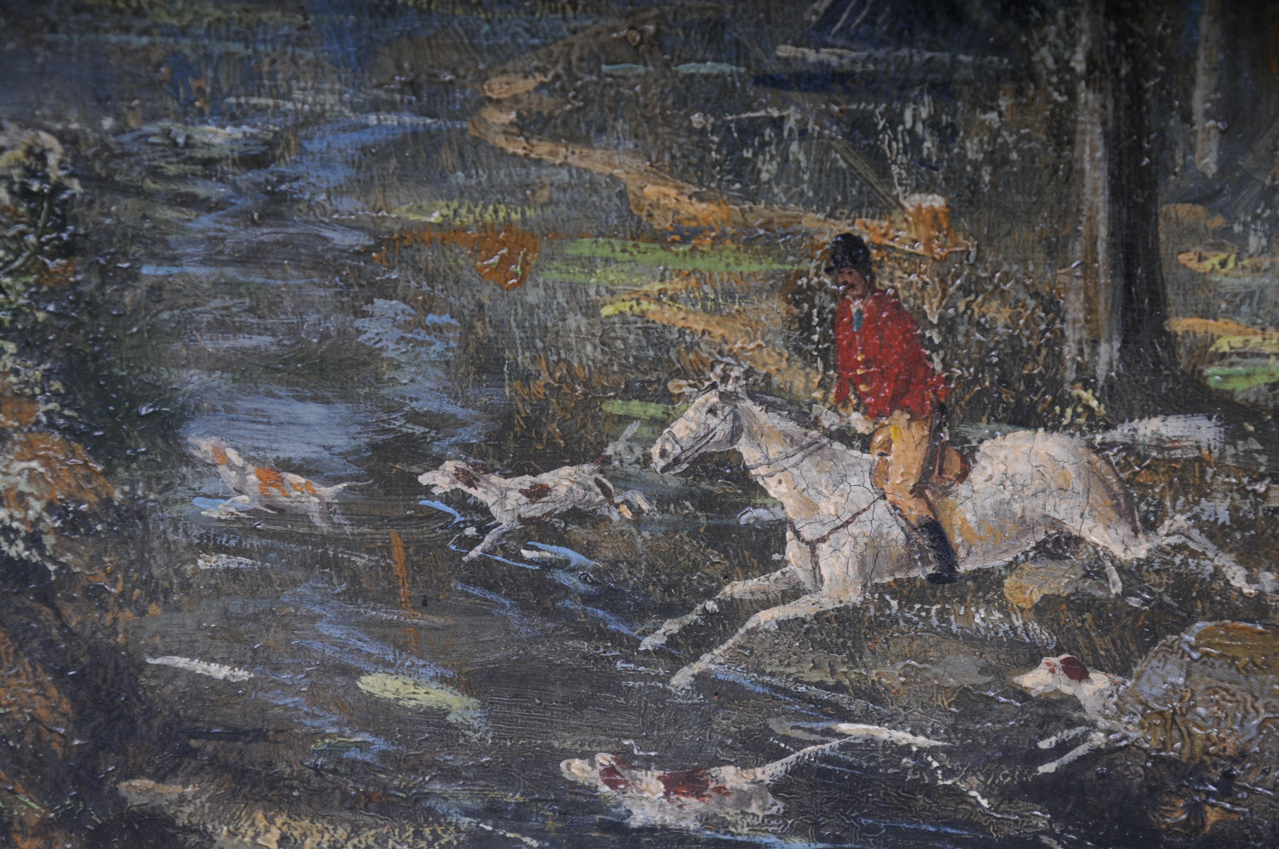 dipinto ad olio impressionista Cavaliere a cavallo con cani da caccia Foresta, firmato In condizioni buone in vendita a Berlin, DE