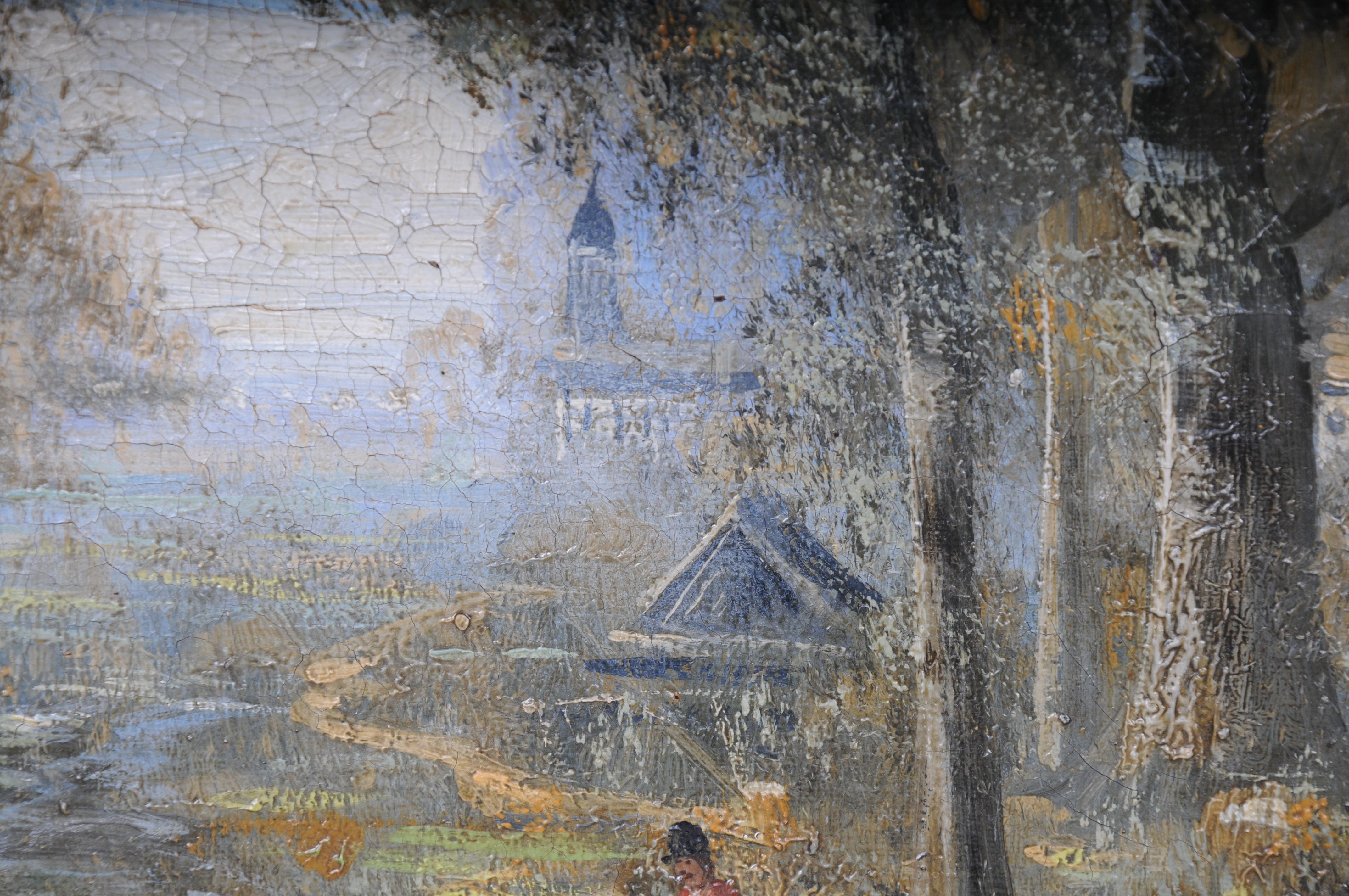 XX secolo dipinto ad olio impressionista Cavaliere a cavallo con cani da caccia Foresta, firmato in vendita