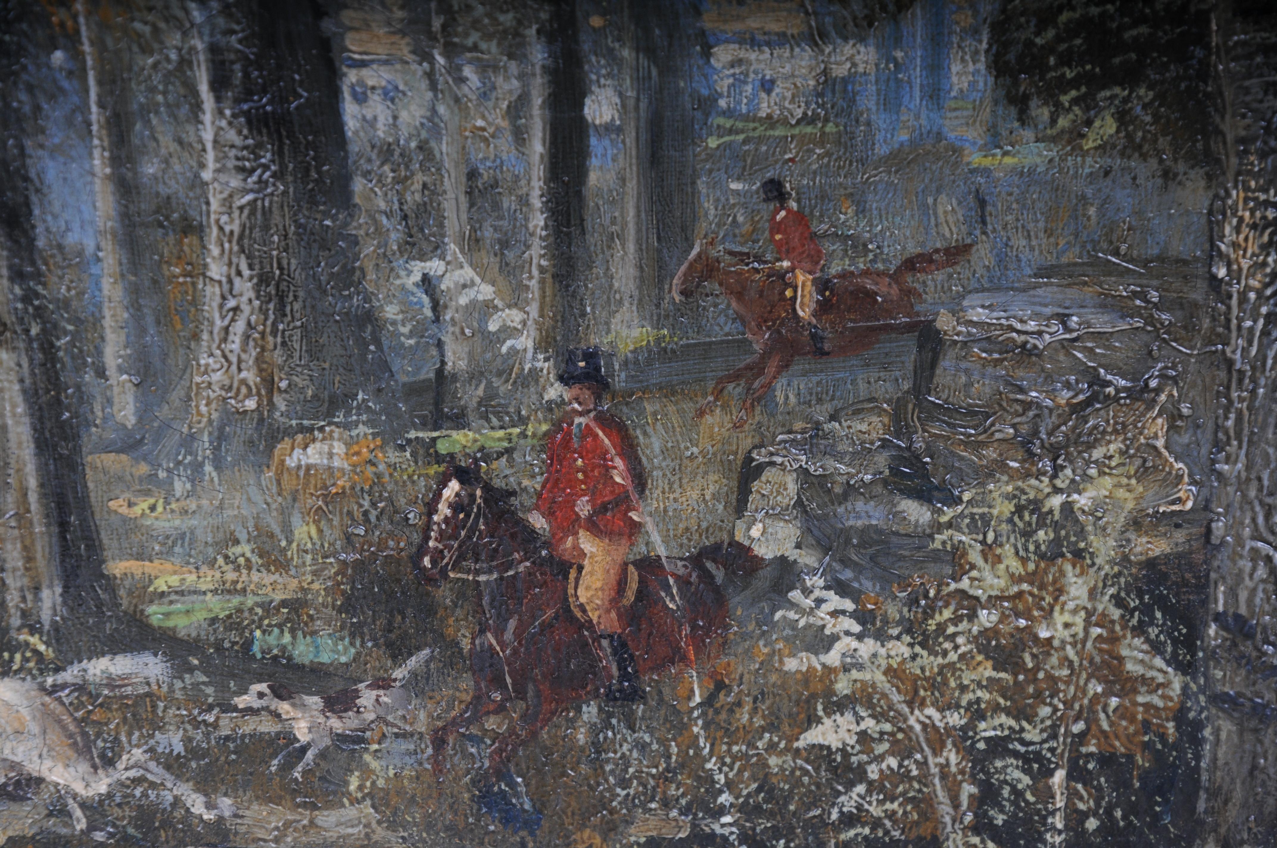 Tela dipinto ad olio impressionista Cavaliere a cavallo con cani da caccia Foresta, firmato in vendita